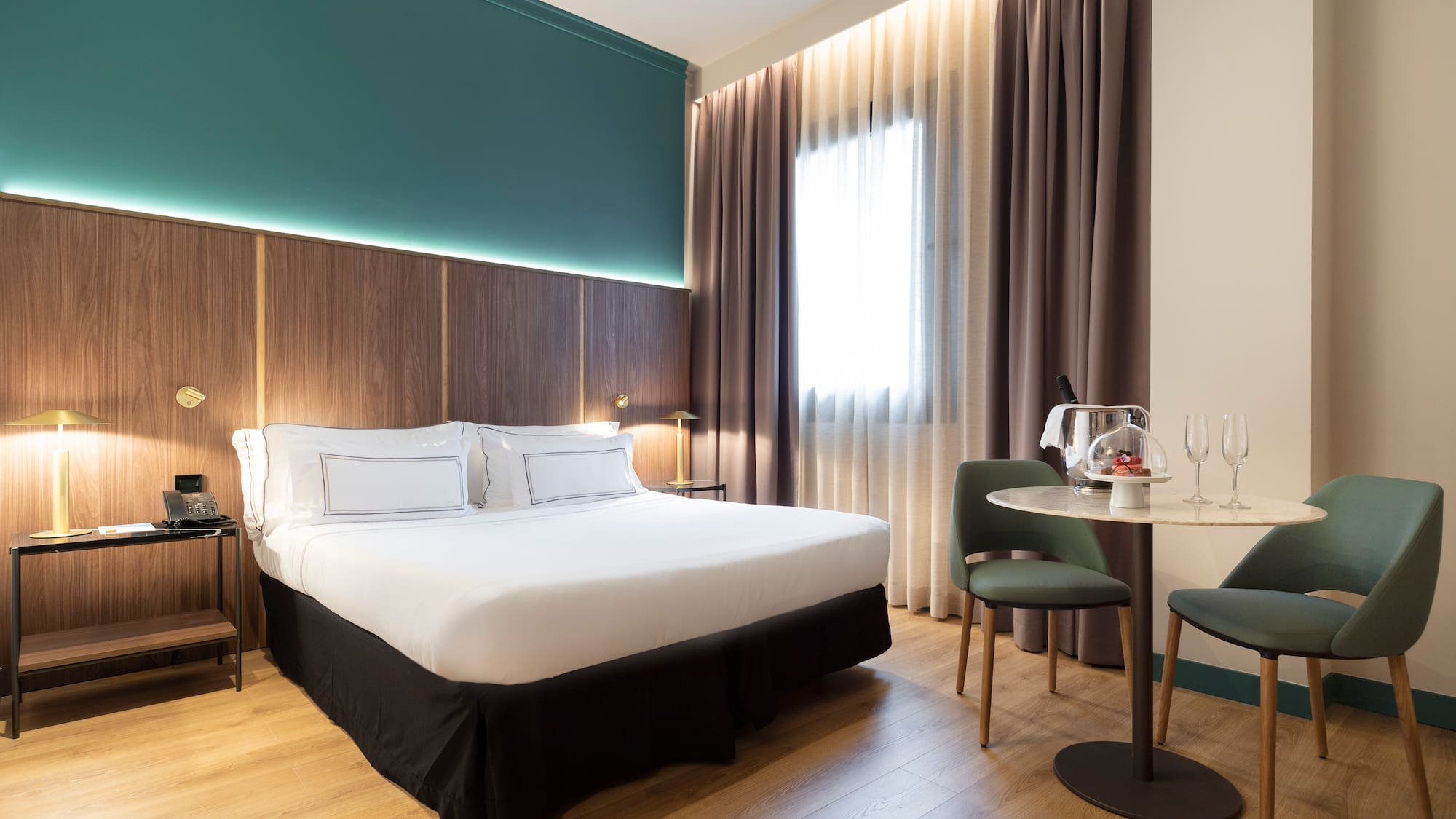 a room with a bed and a table