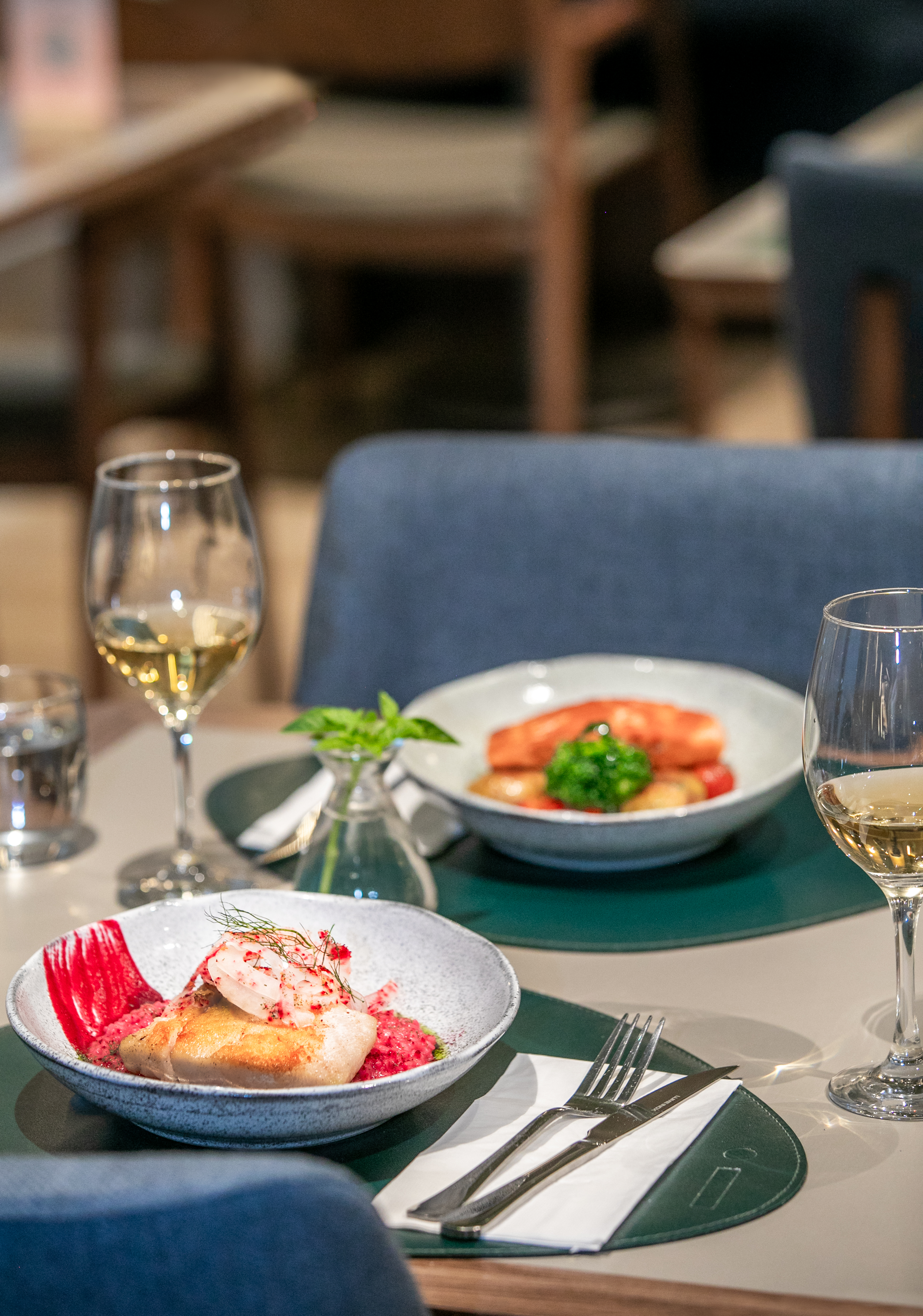Two elegant fish dishes: white fish with shrimp, salmon with vegetables, white wine.
