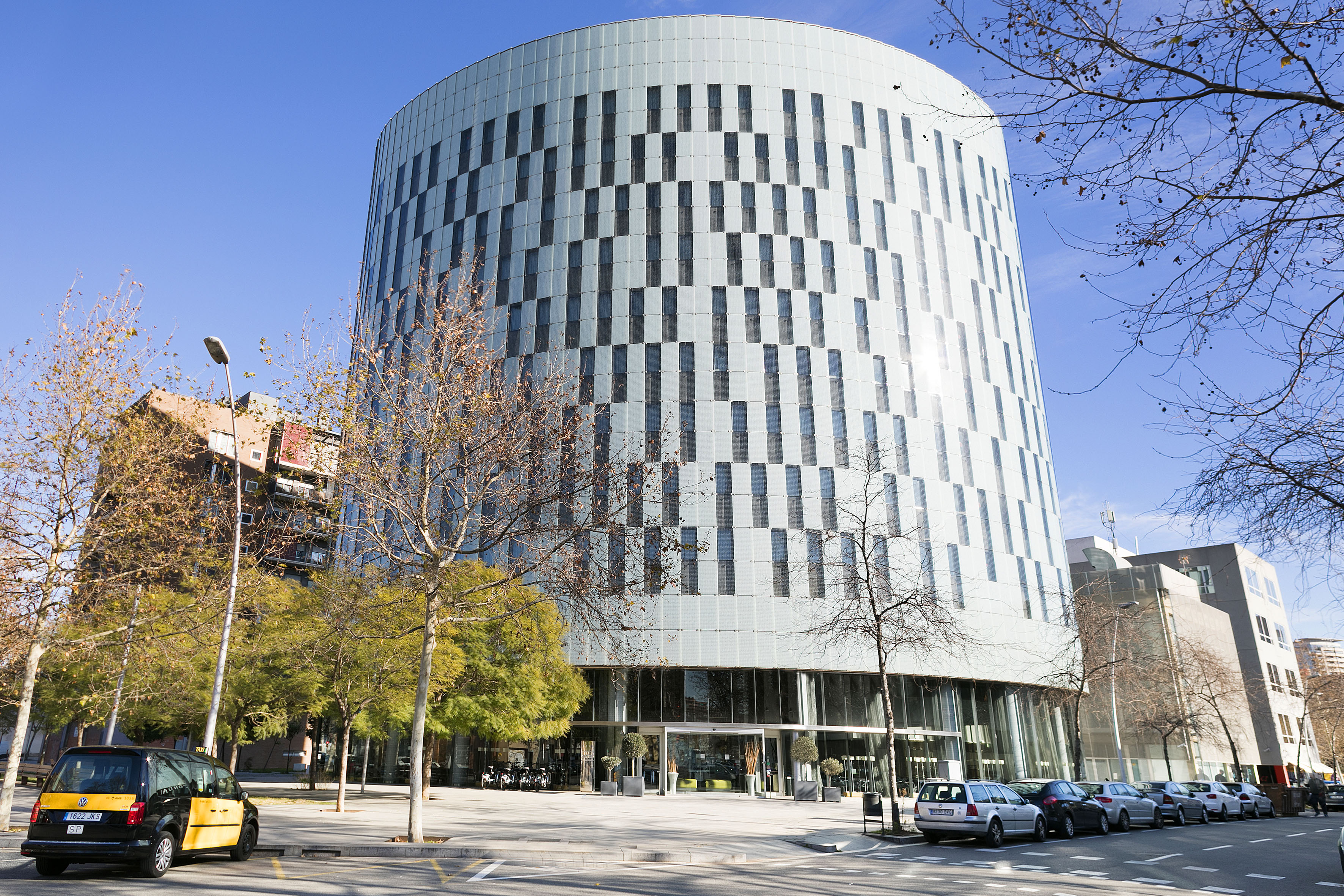 a circular building with many windows