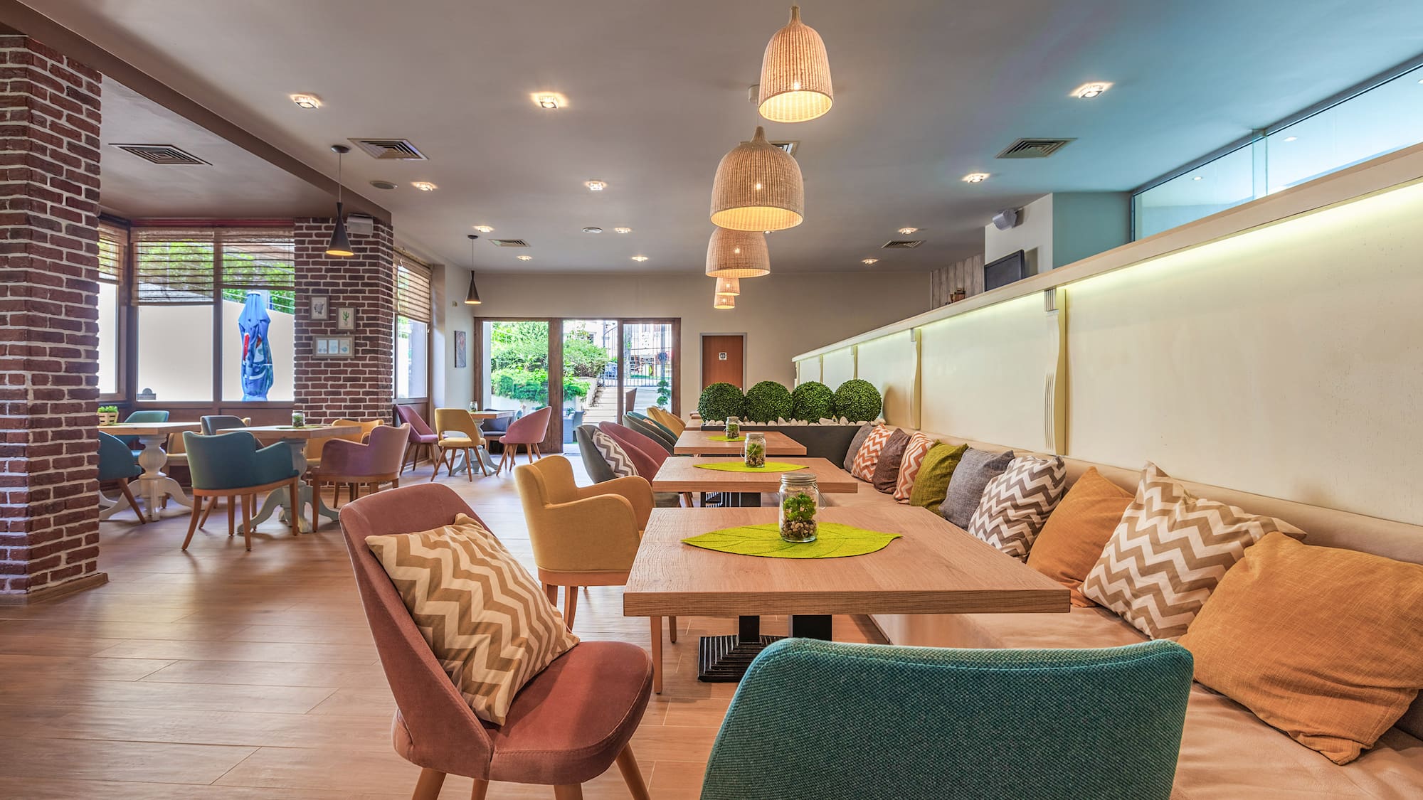 a room with tables and chairs