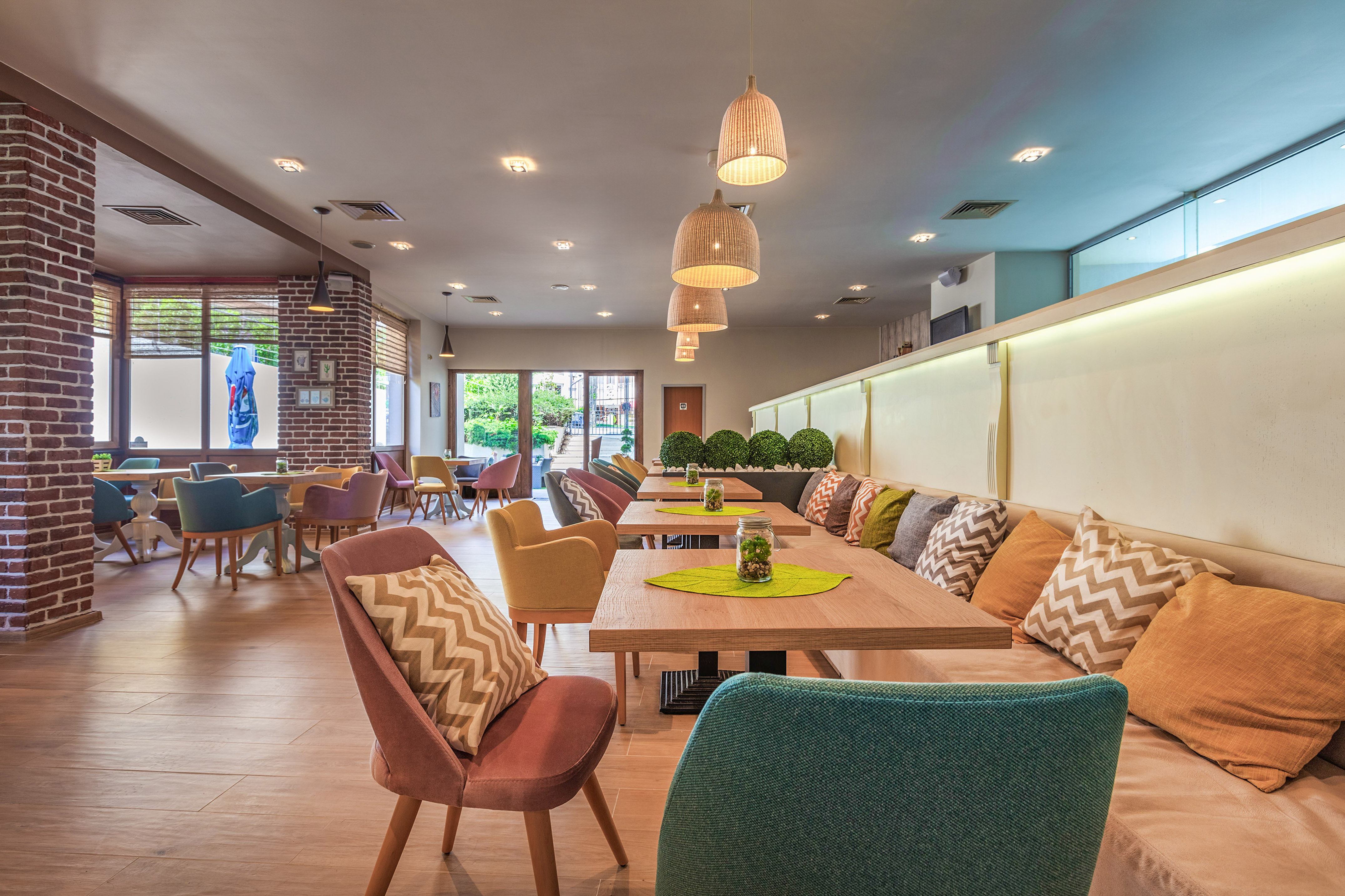 a room with tables and chairs