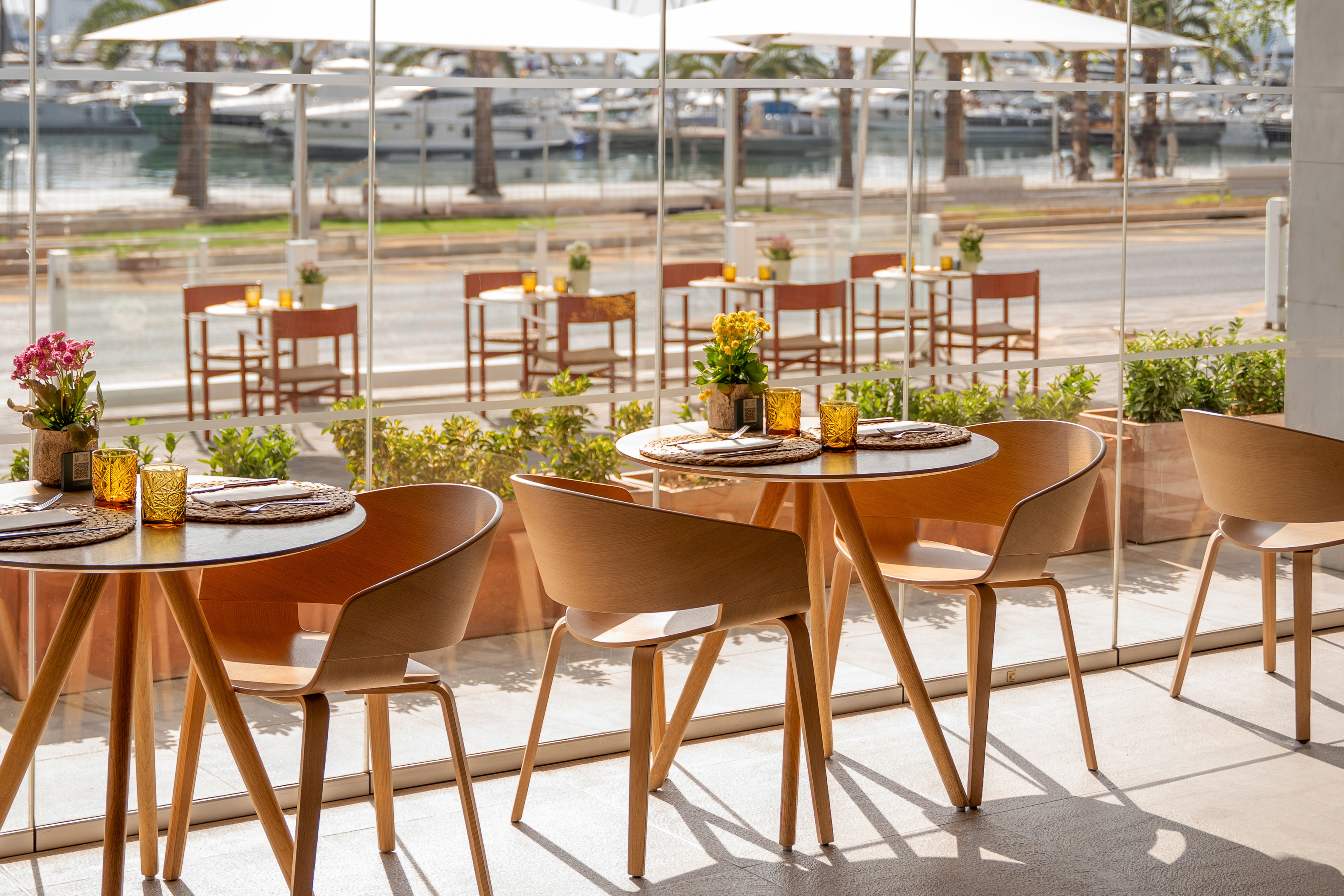 Waterfront restaurant dining with modern wooden tables and marina view.