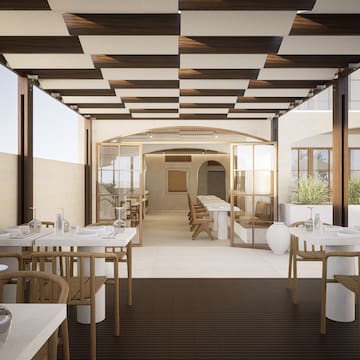 a room with tables and chairs