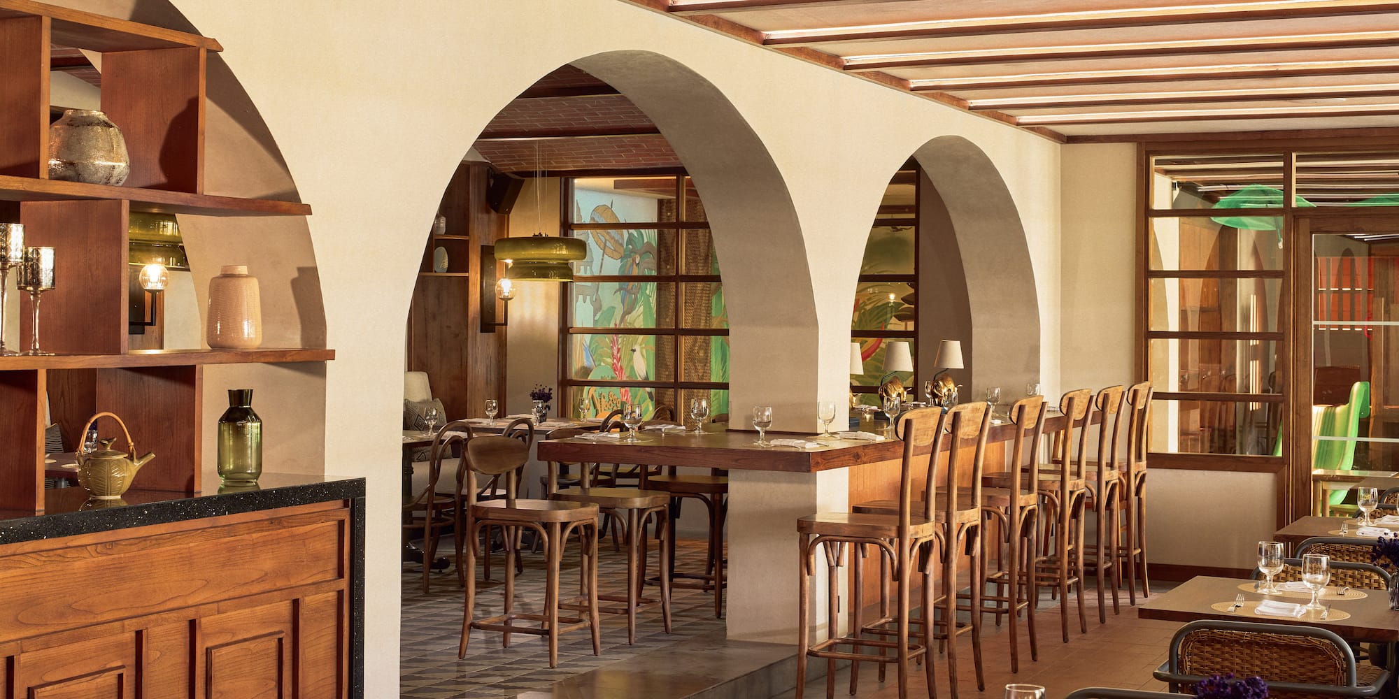 a room with a table and chairs