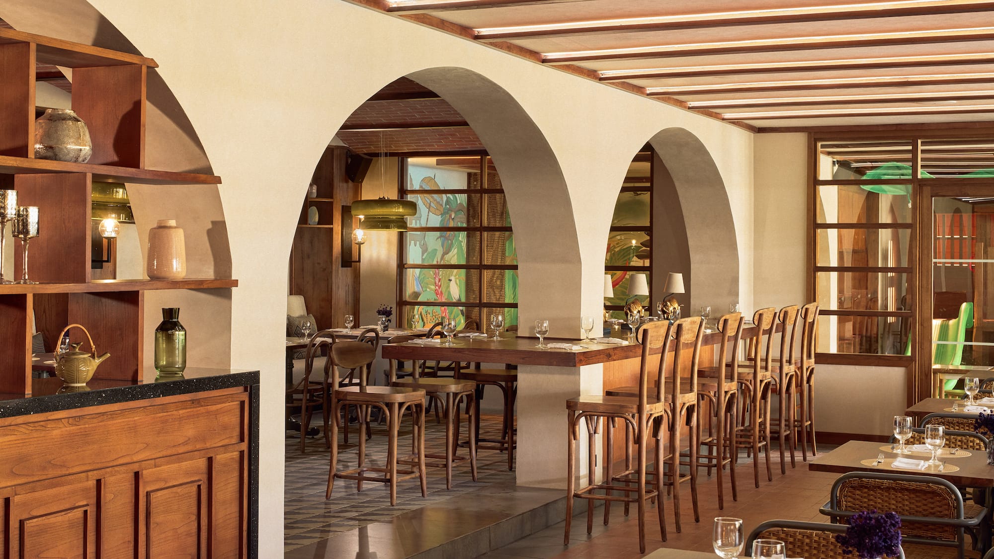 a room with a table and chairs