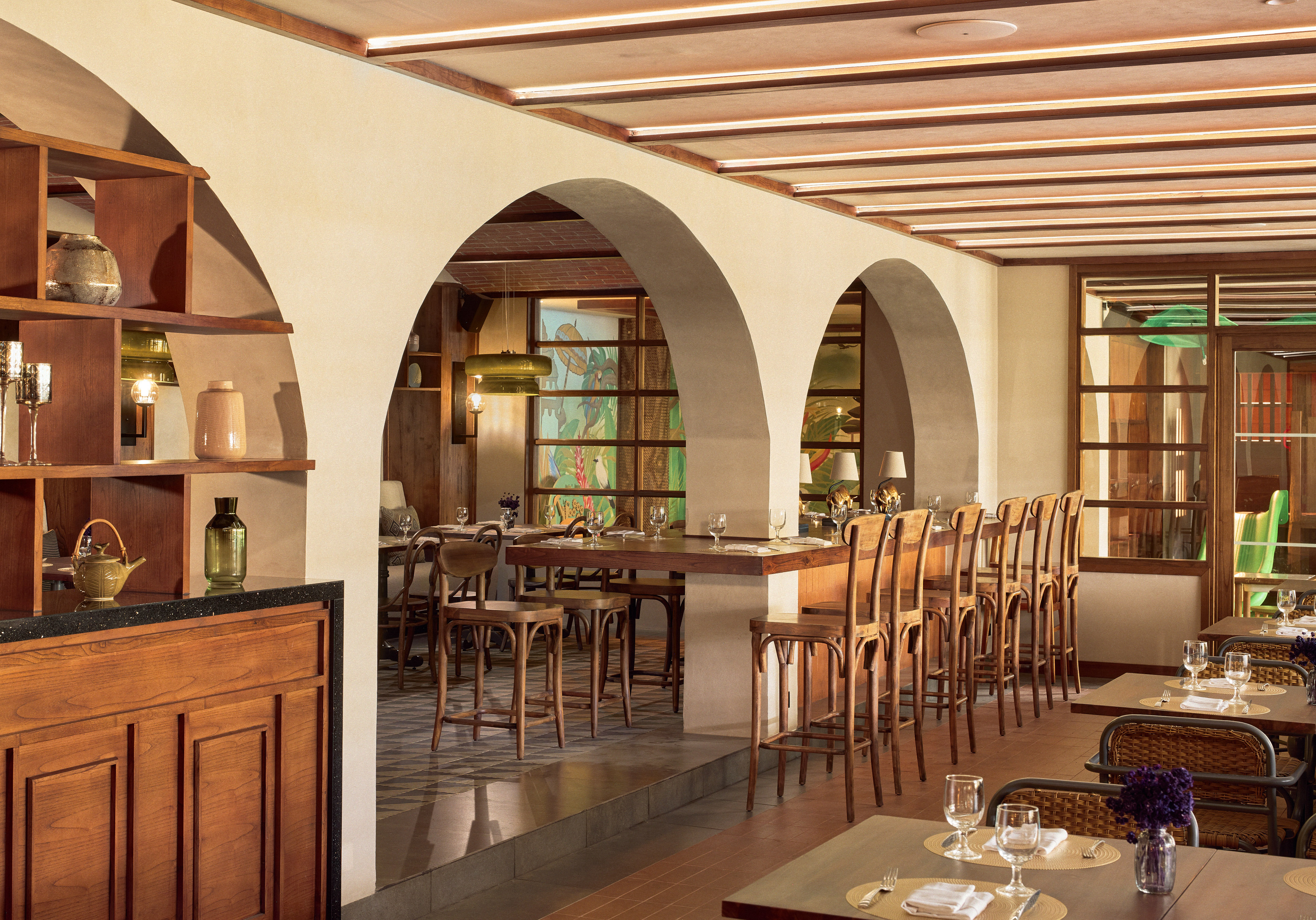 a room with a table and chairs