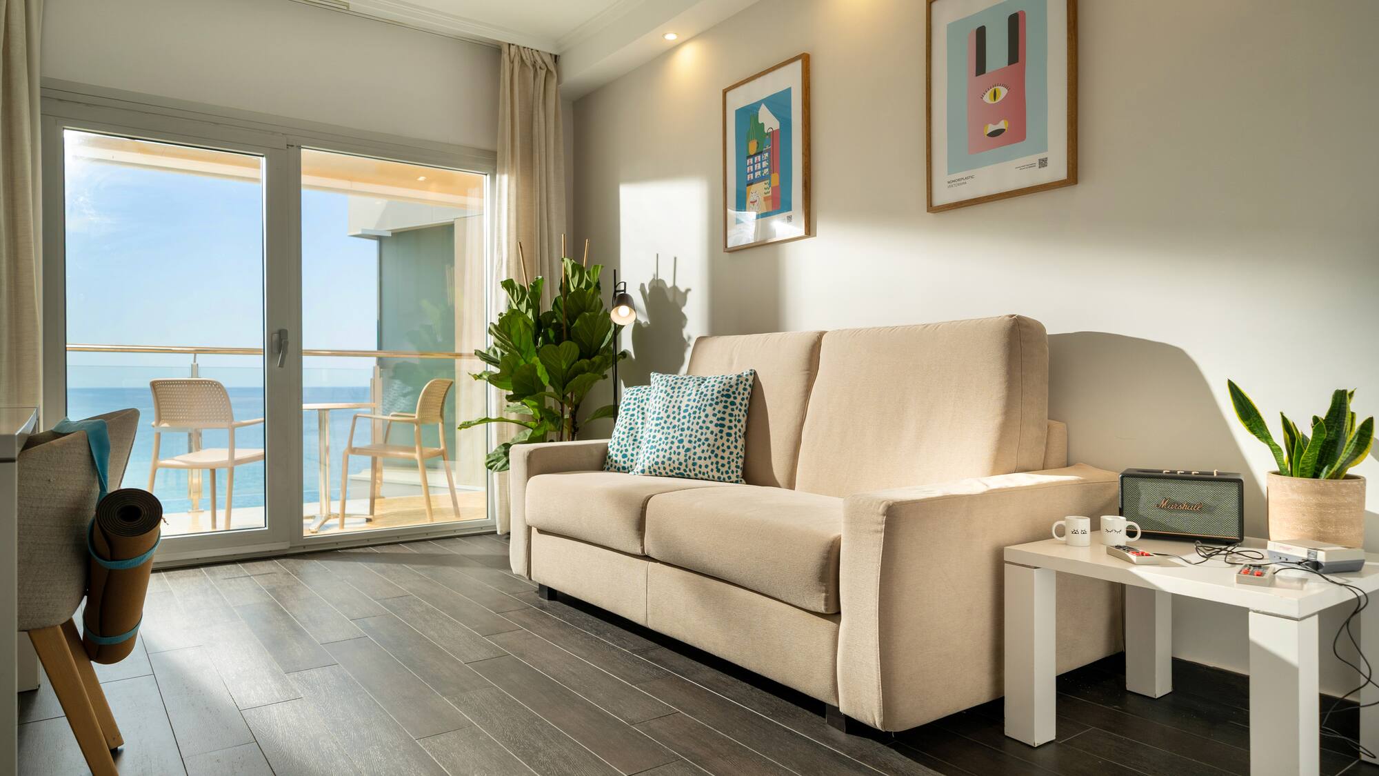 a couch in a room with glass doors