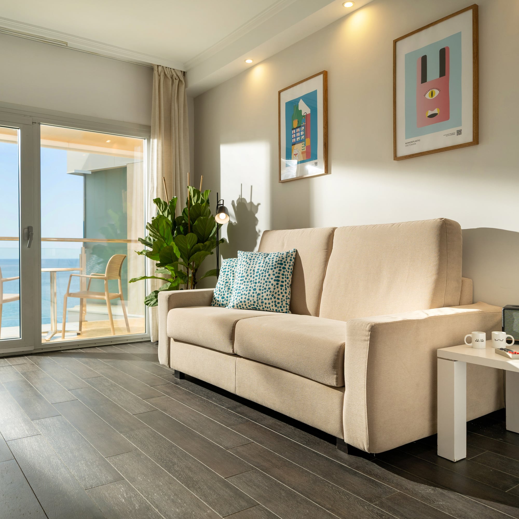 a couch in a room with glass doors