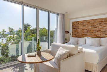 a room with a bed and a table