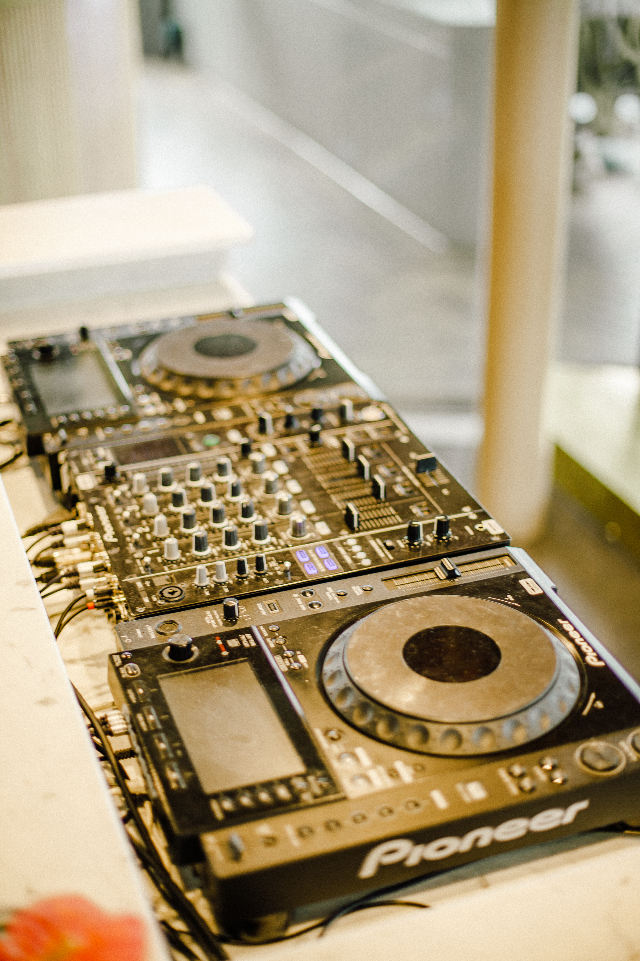 Pioneer DJ setup with CDJs and mixer ready for an event.