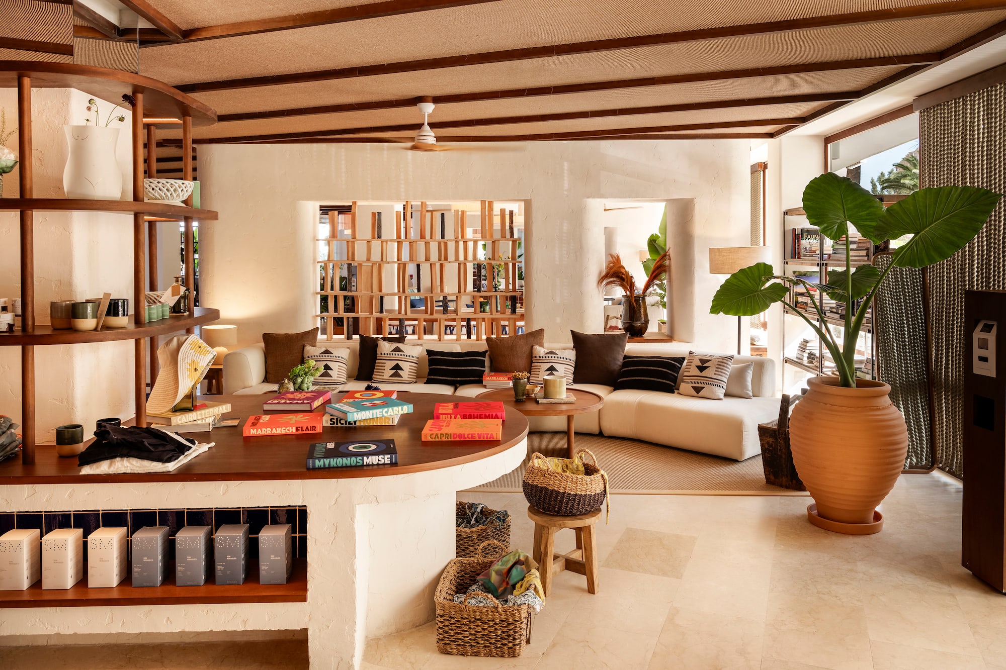 a living room with a couch and a table