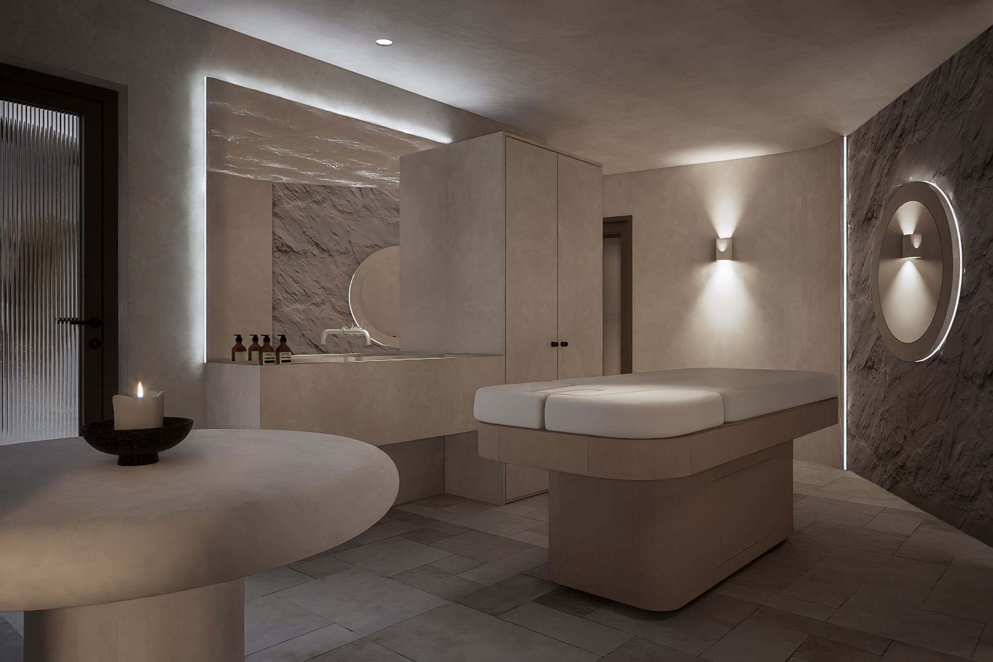 a room with a table and a mirror