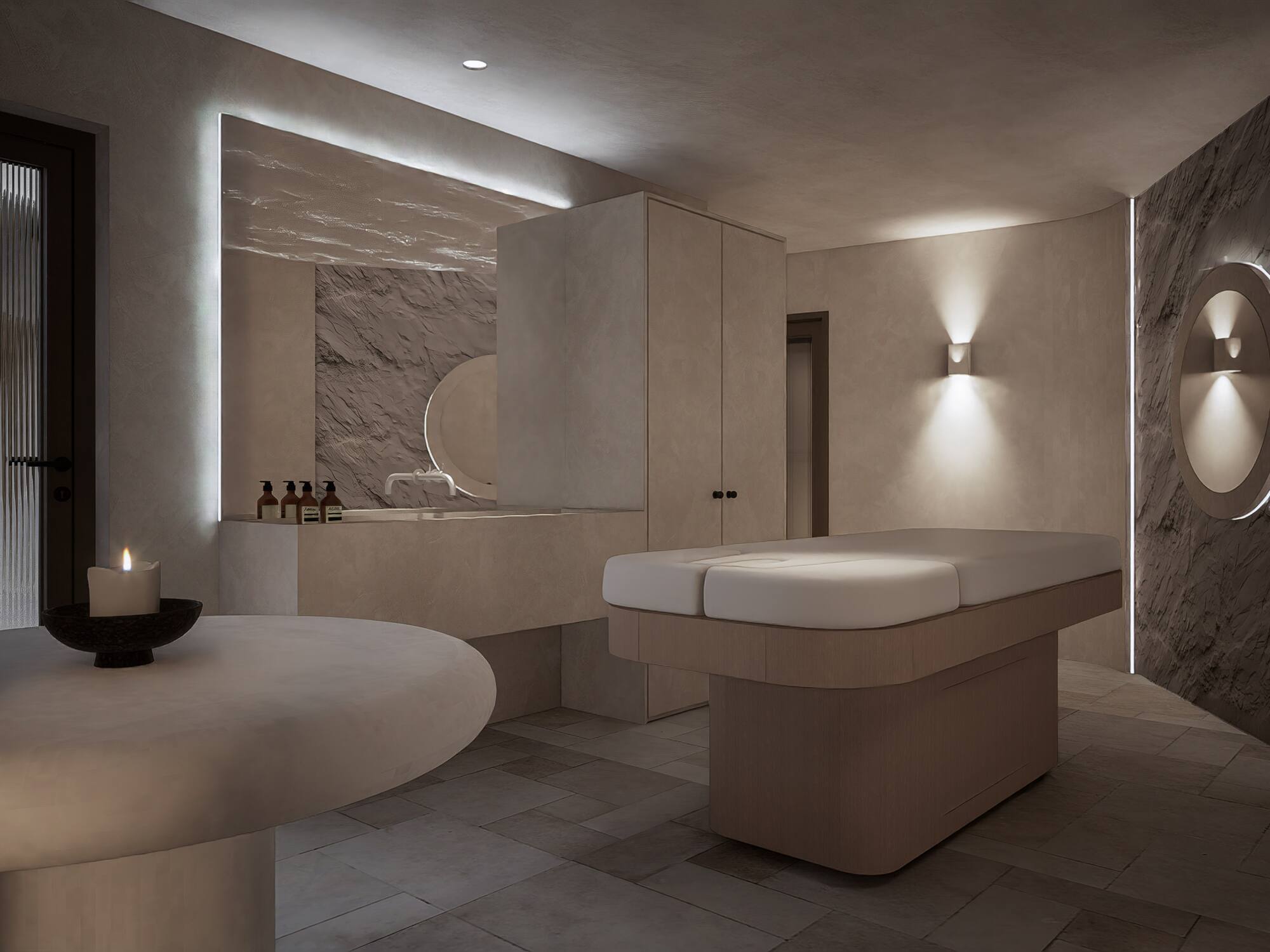 a room with a table and a mirror