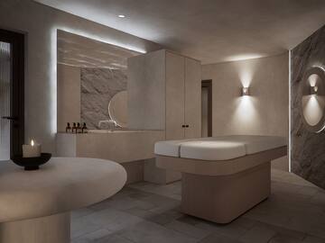 a room with a table and a mirror