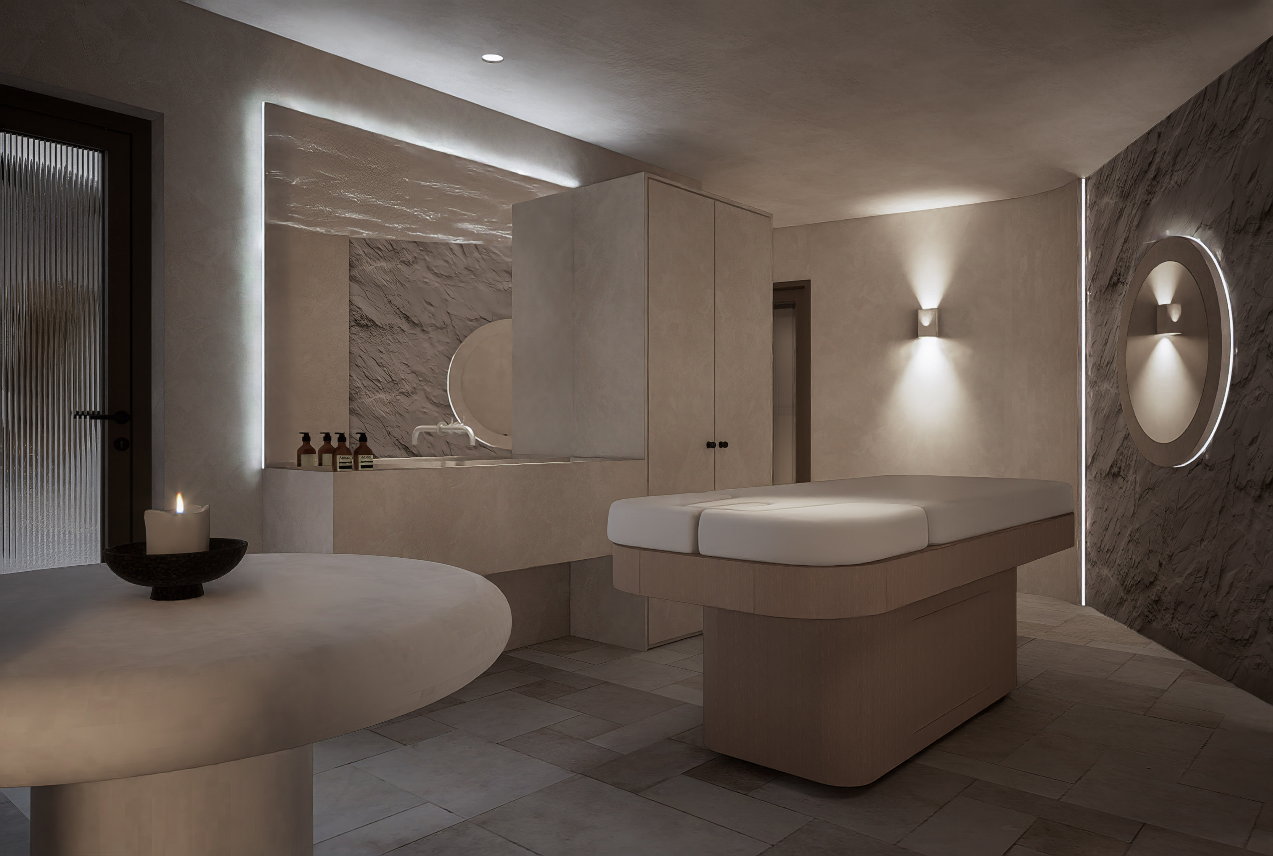 a room with a table and a mirror