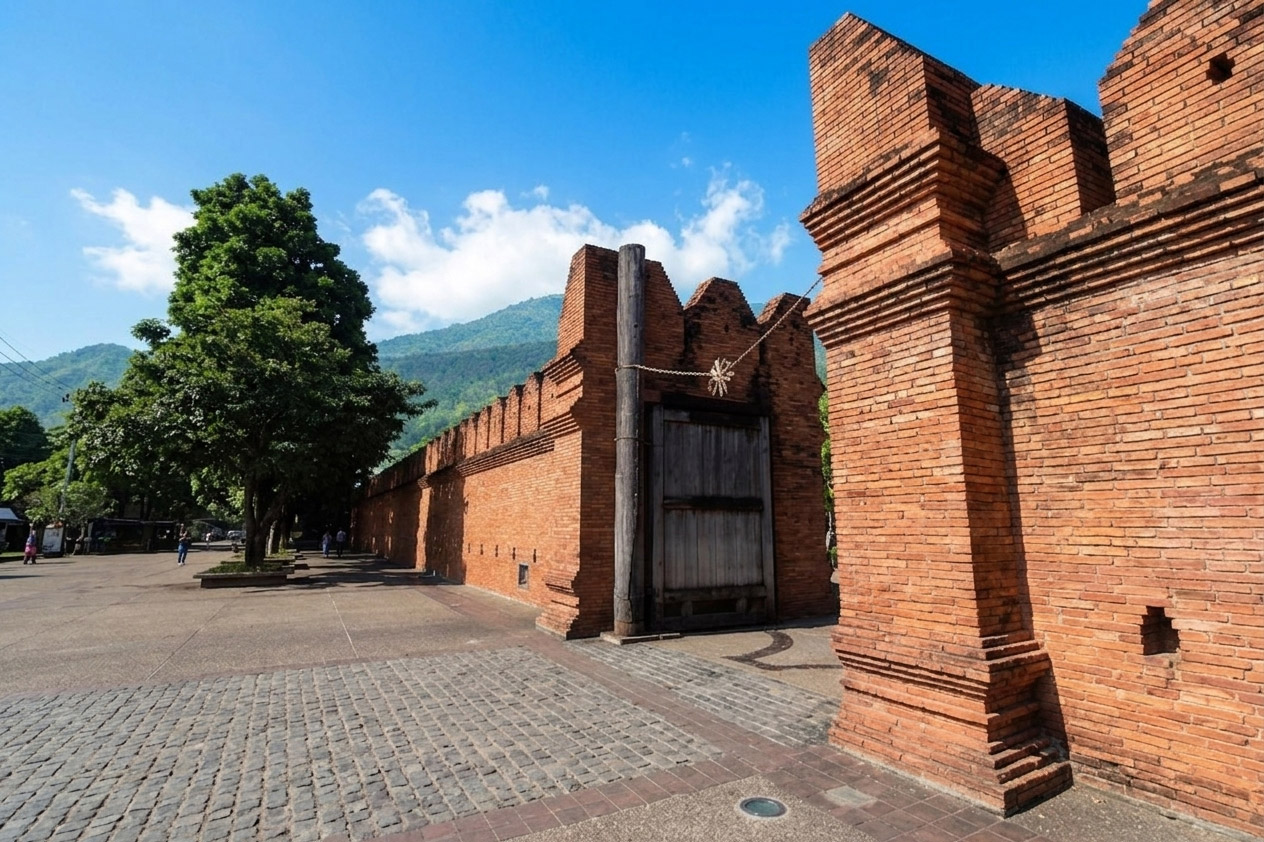 Historic brick city wall, Tha Phae Gate, Chiang Mai, with mountains under blue sky.