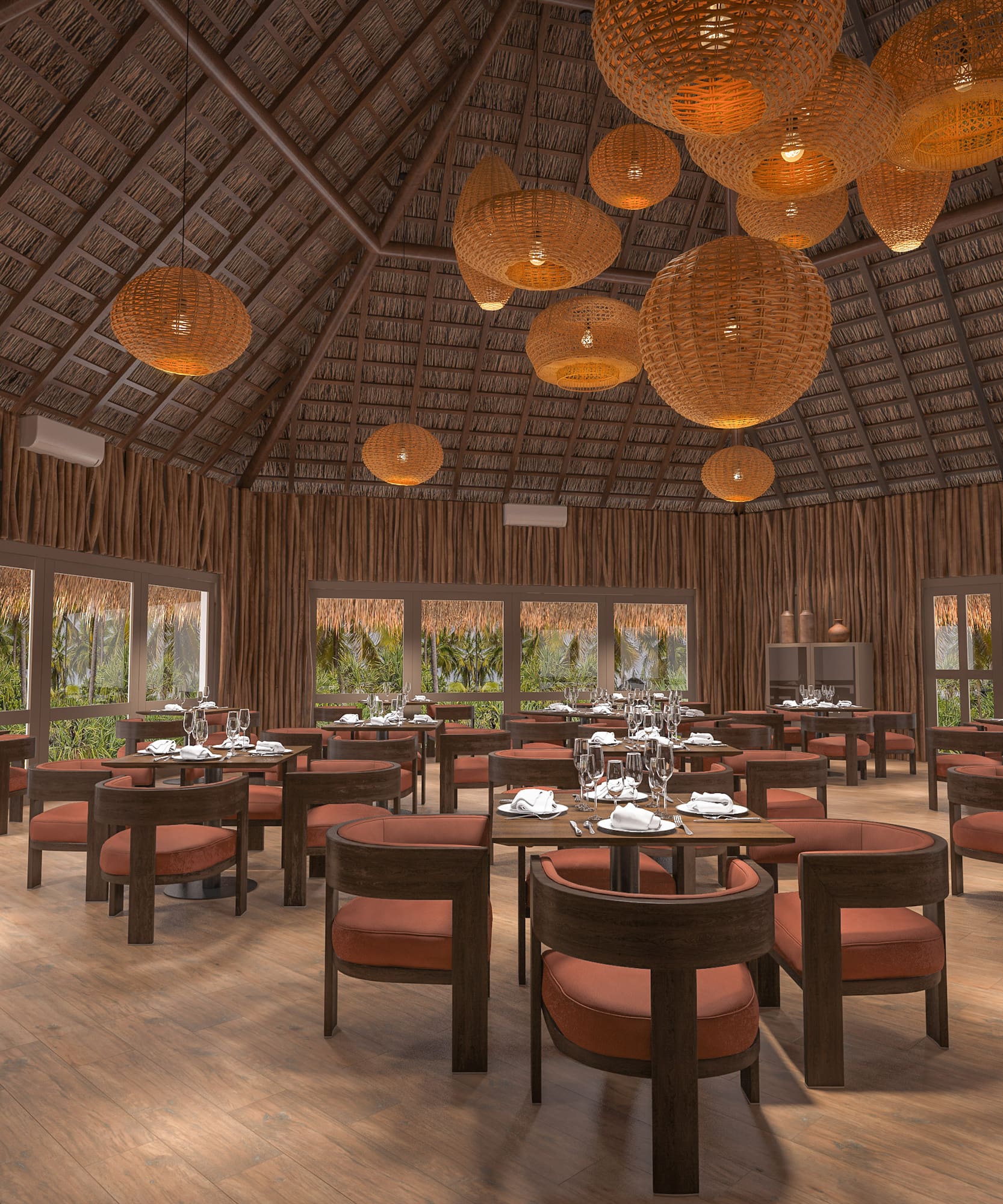 Restaurante tropical rústico con techo de paja y lámparas de mimbre.