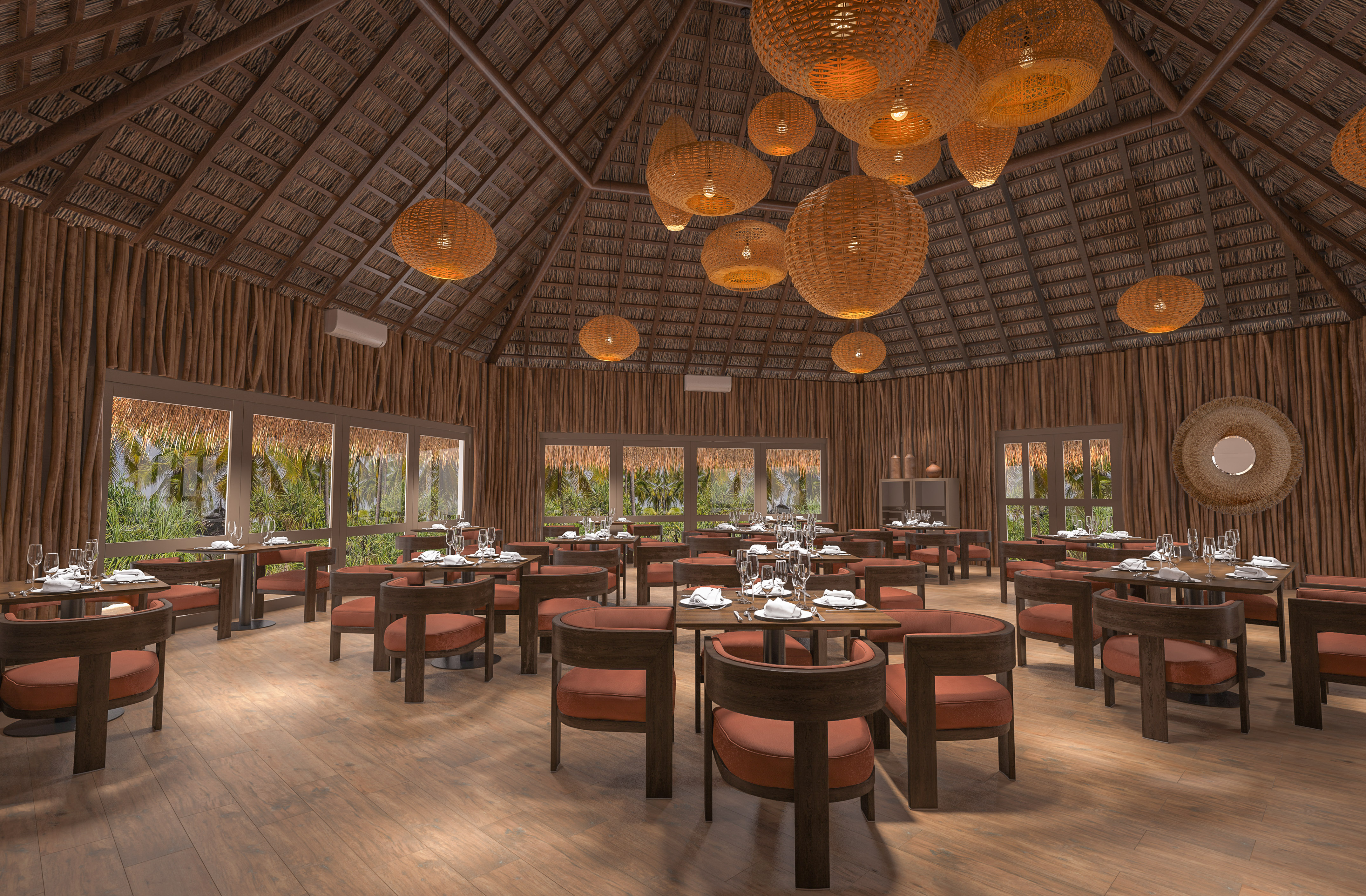 Restaurante tropical rústico con techo de paja y lámparas de mimbre.