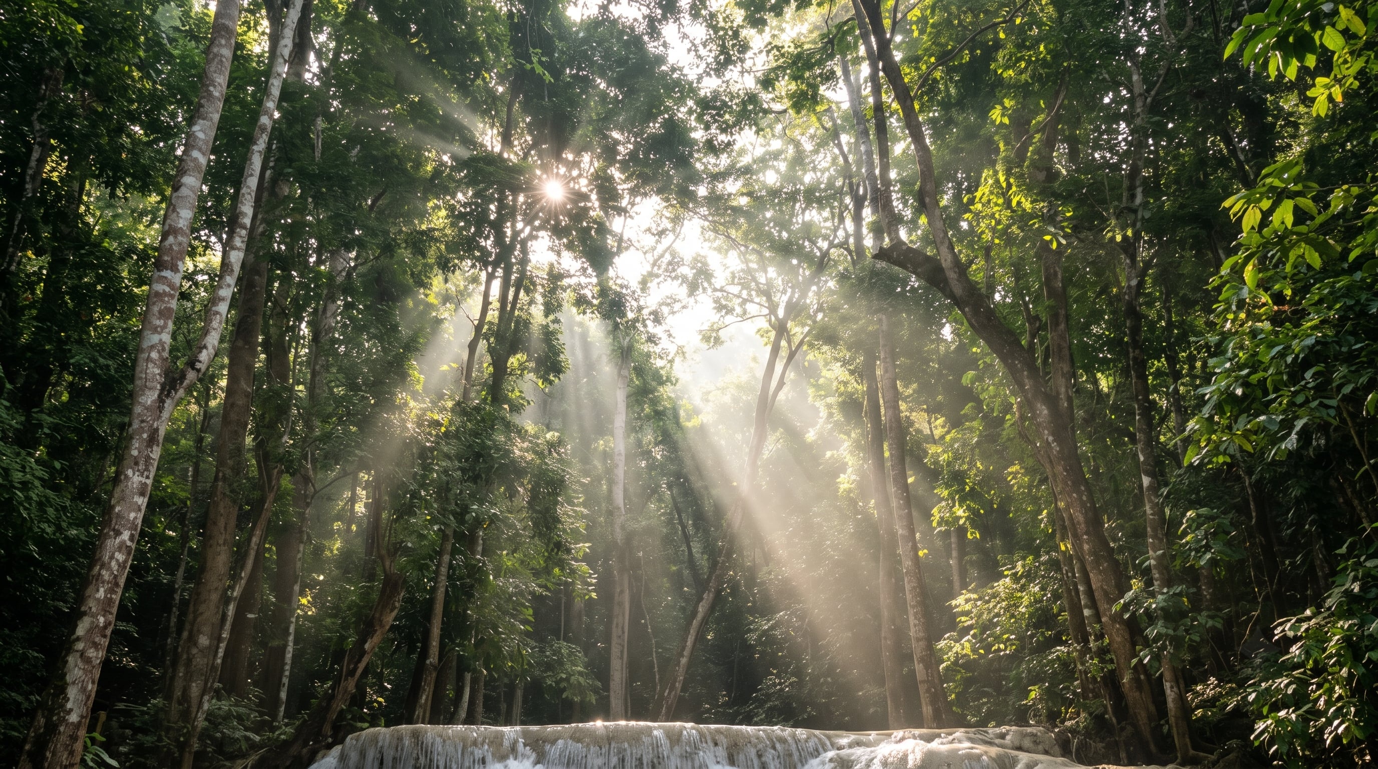 Lush jungle forest with sunbeams shining through canopy onto a white waterfall.