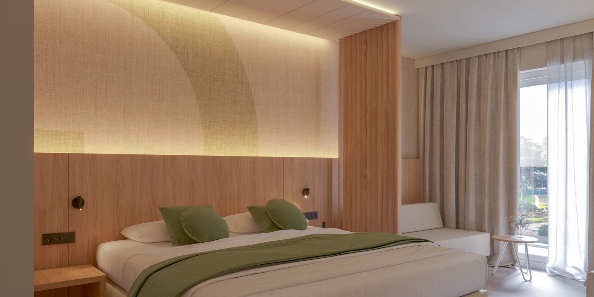 a bedroom with a bed and a table