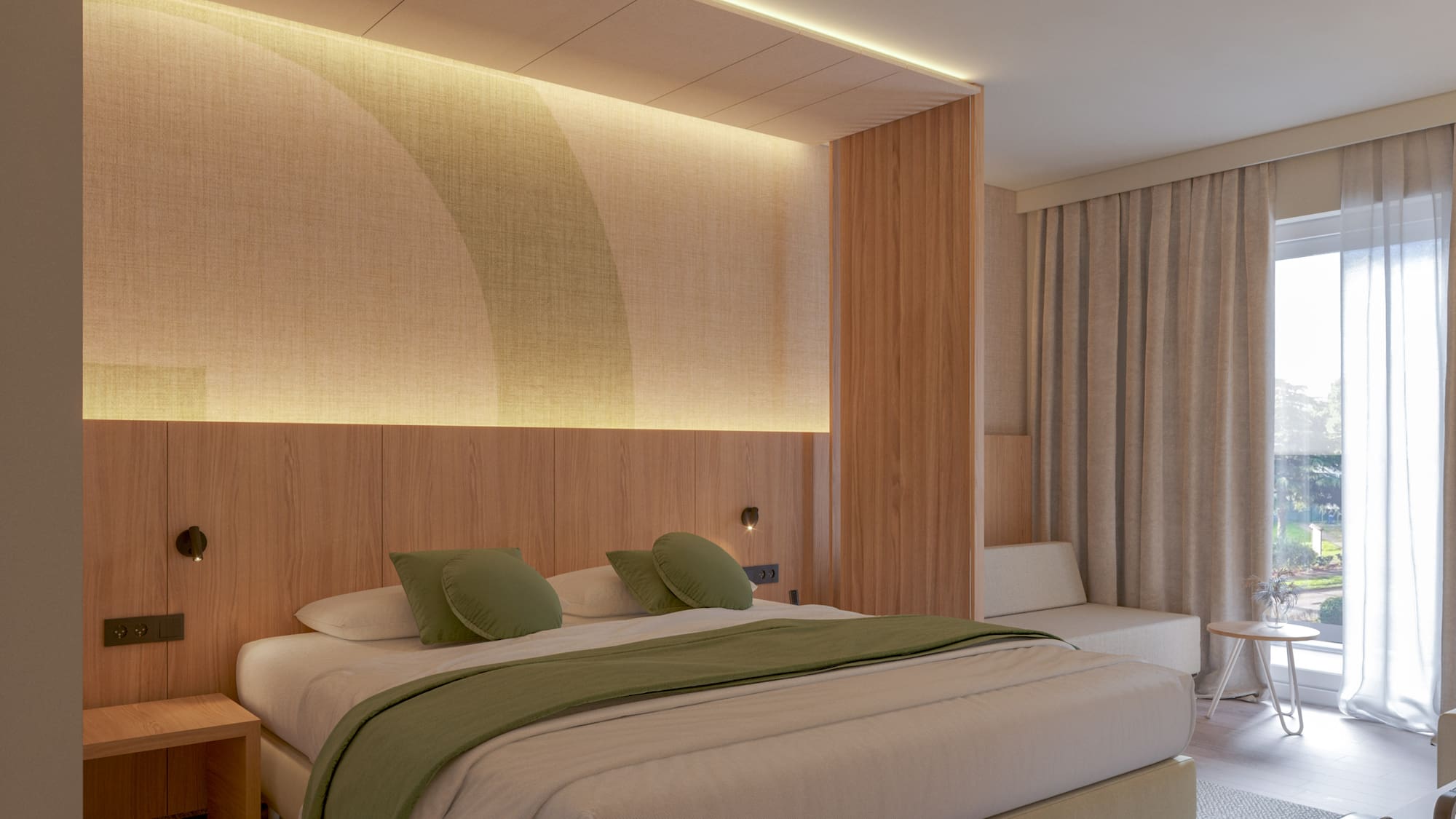a bedroom with a bed and a table