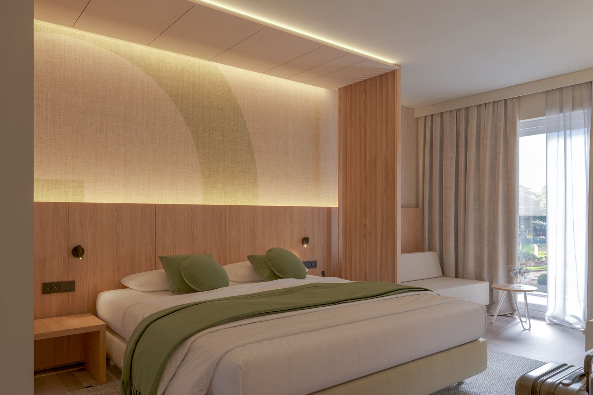 a bedroom with a bed and a table