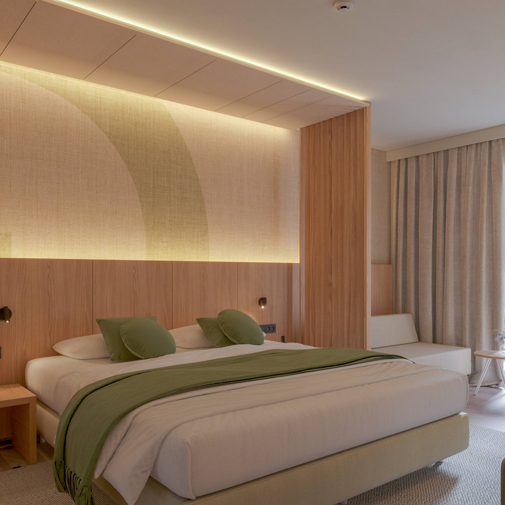 a bedroom with a bed and a table