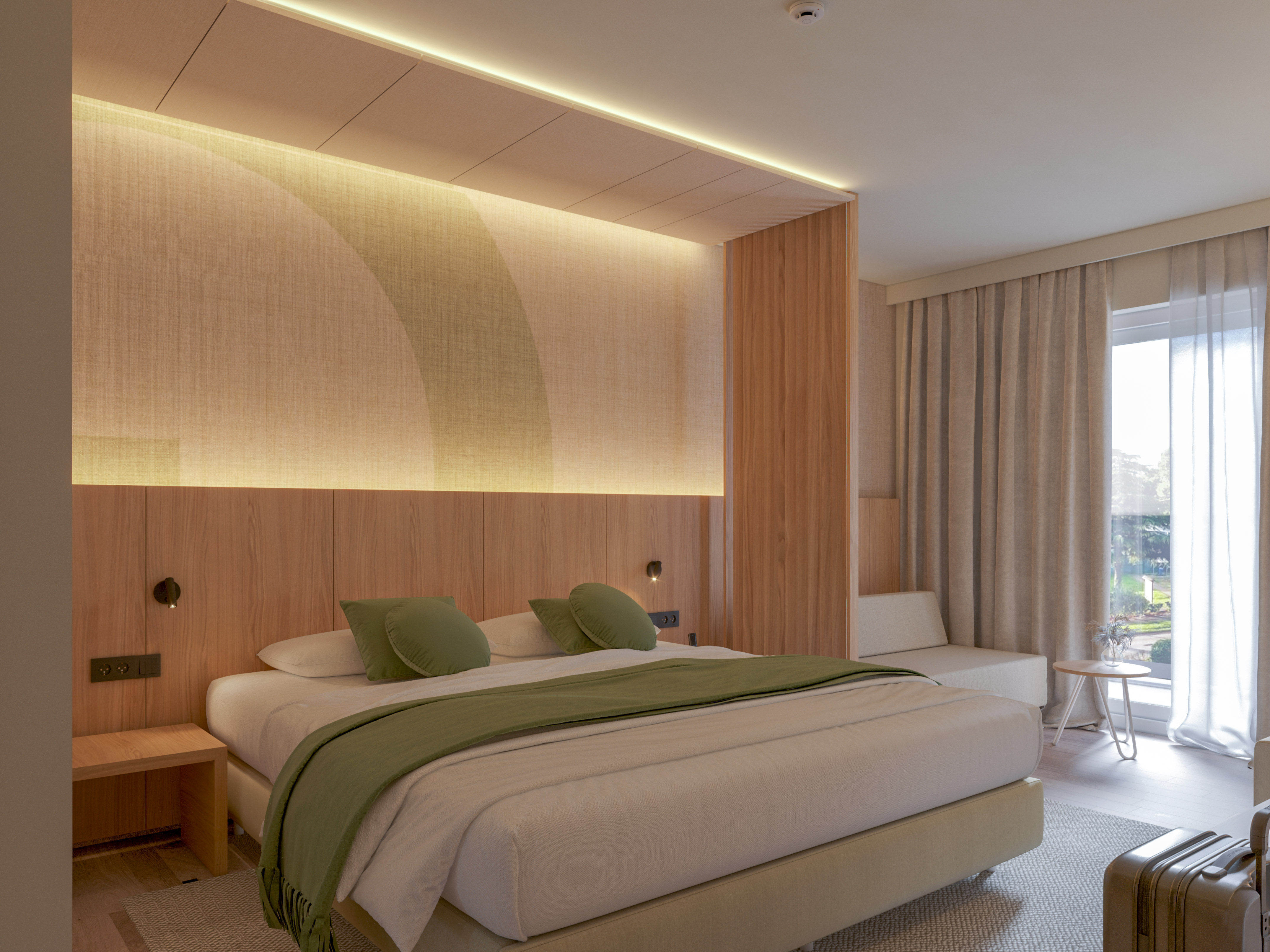 a bedroom with a bed and a table