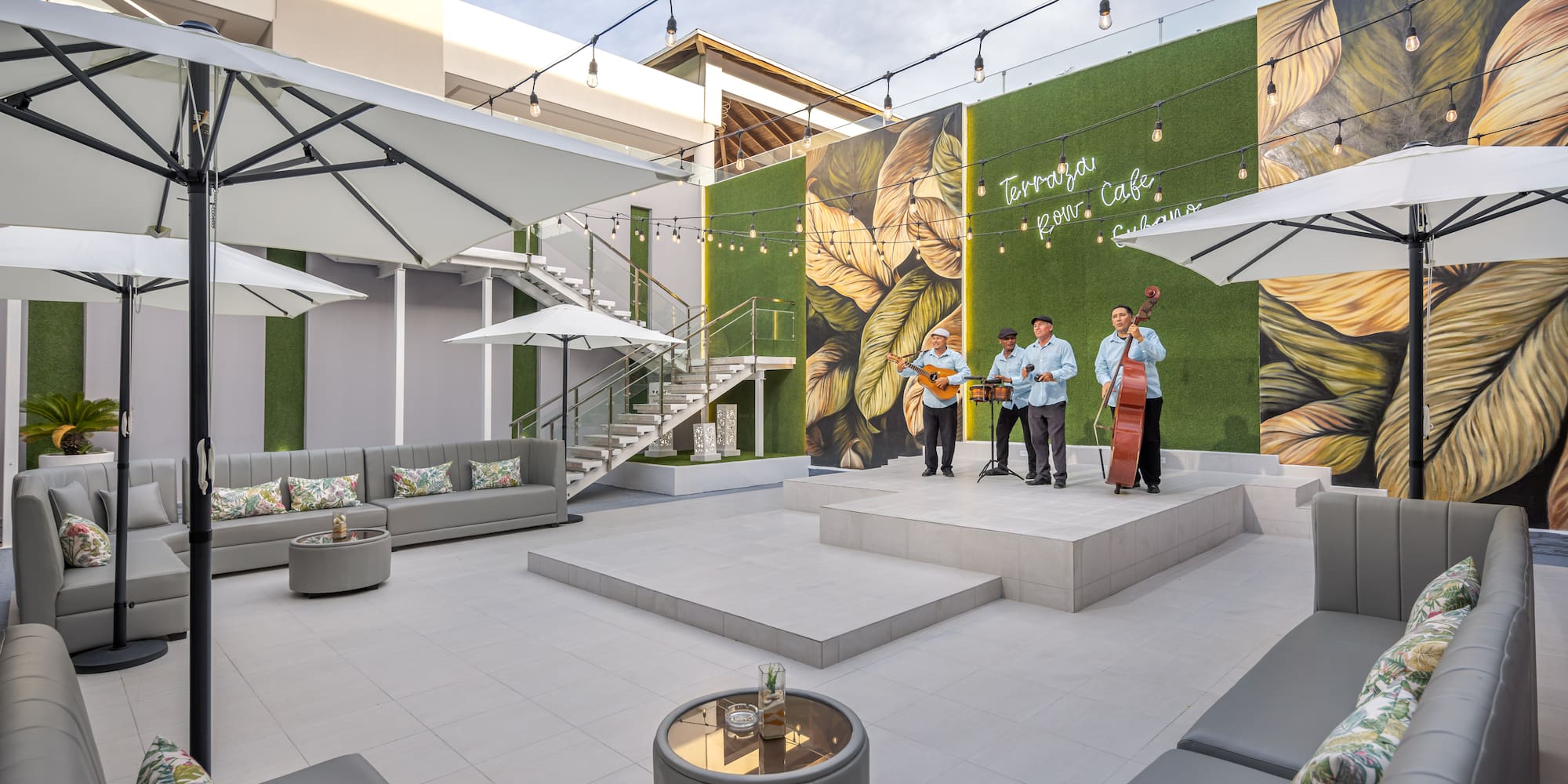 a group of men playing instruments on a stage