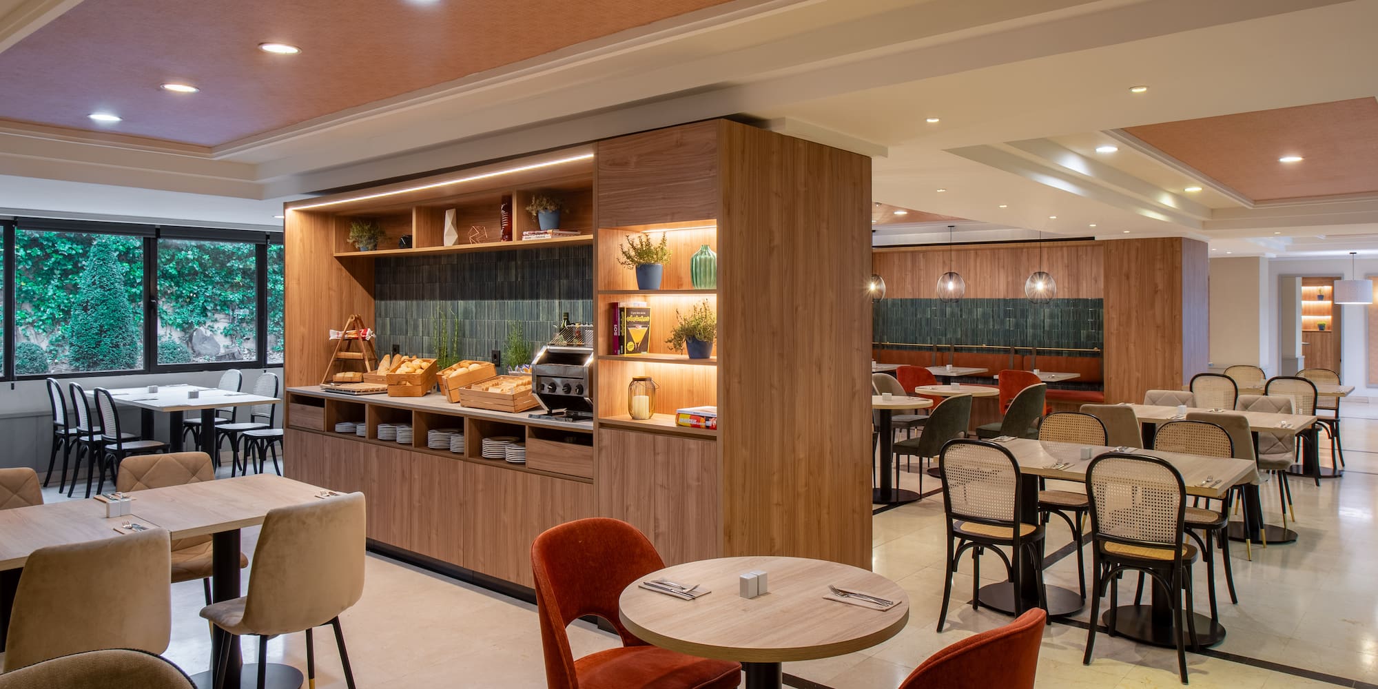 a room with tables and chairs