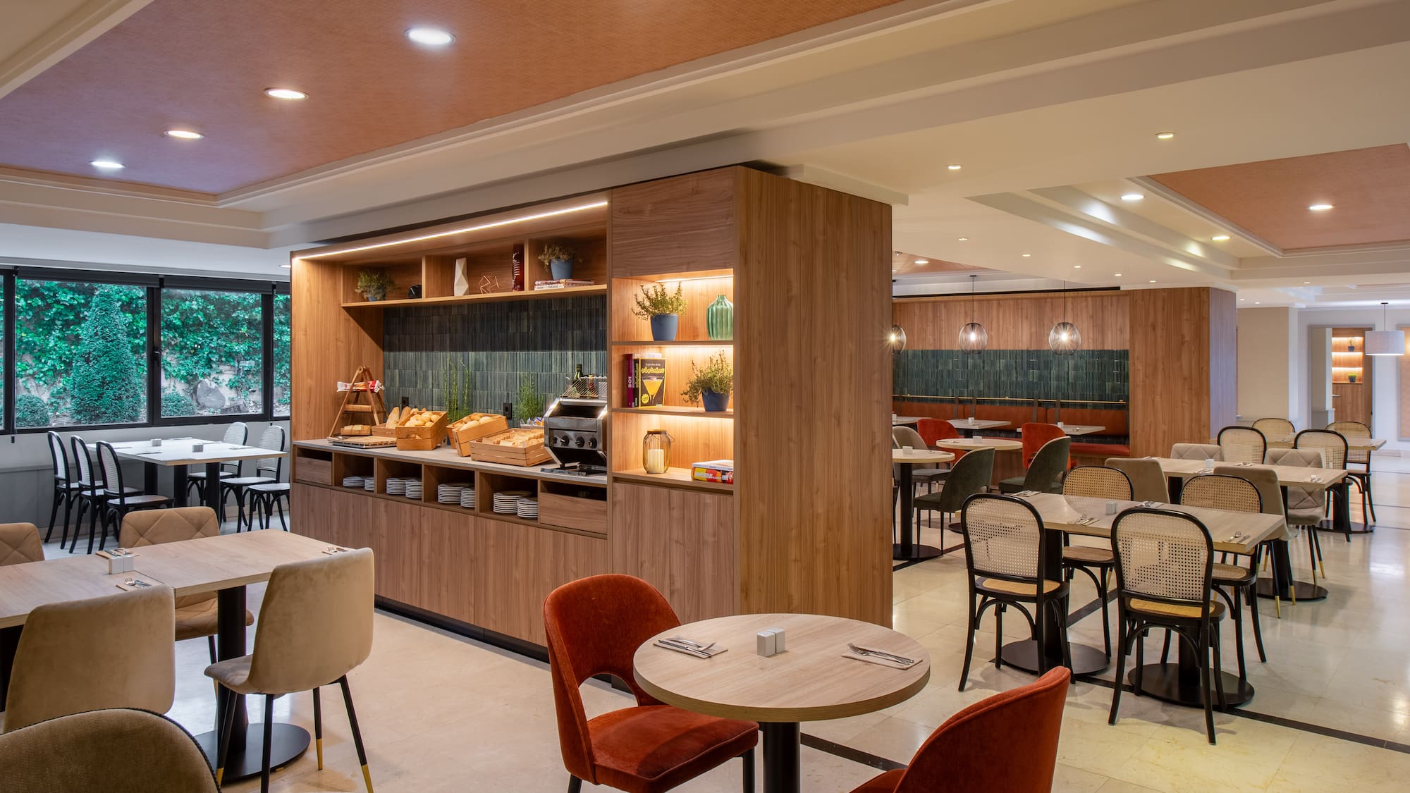 a room with tables and chairs