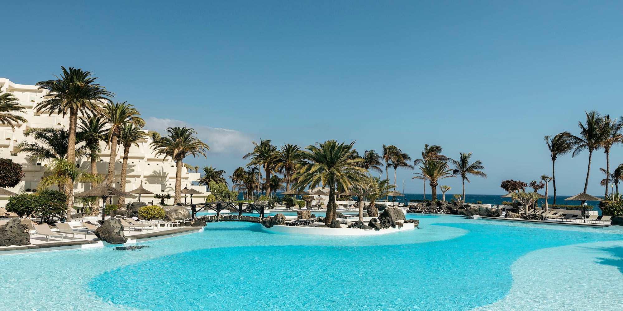 a pool with palm trees and a building in the background