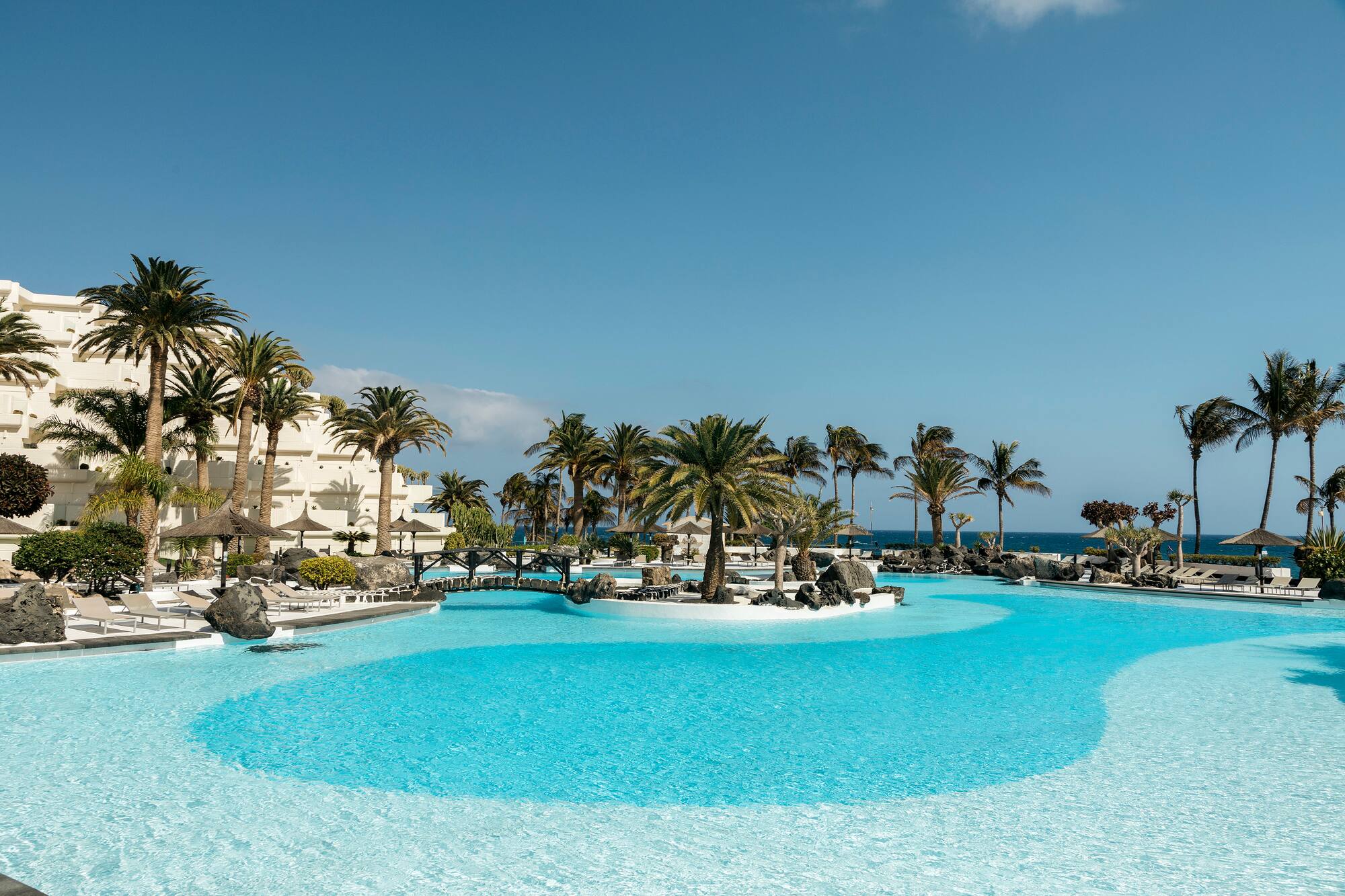 a pool with palm trees and a building in the background