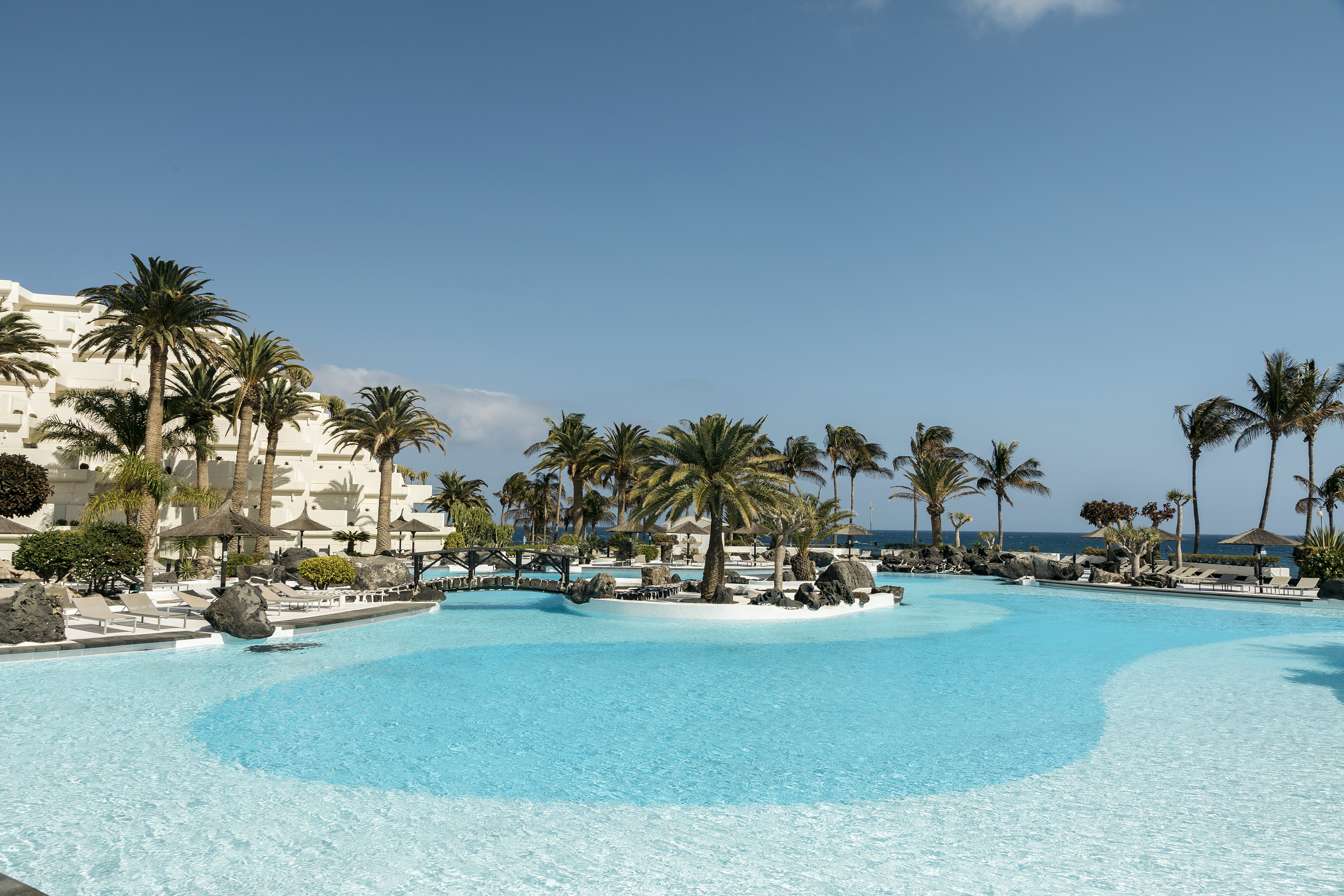 Sunny tropical resort pool with palm trees, hotel building, and ocean.