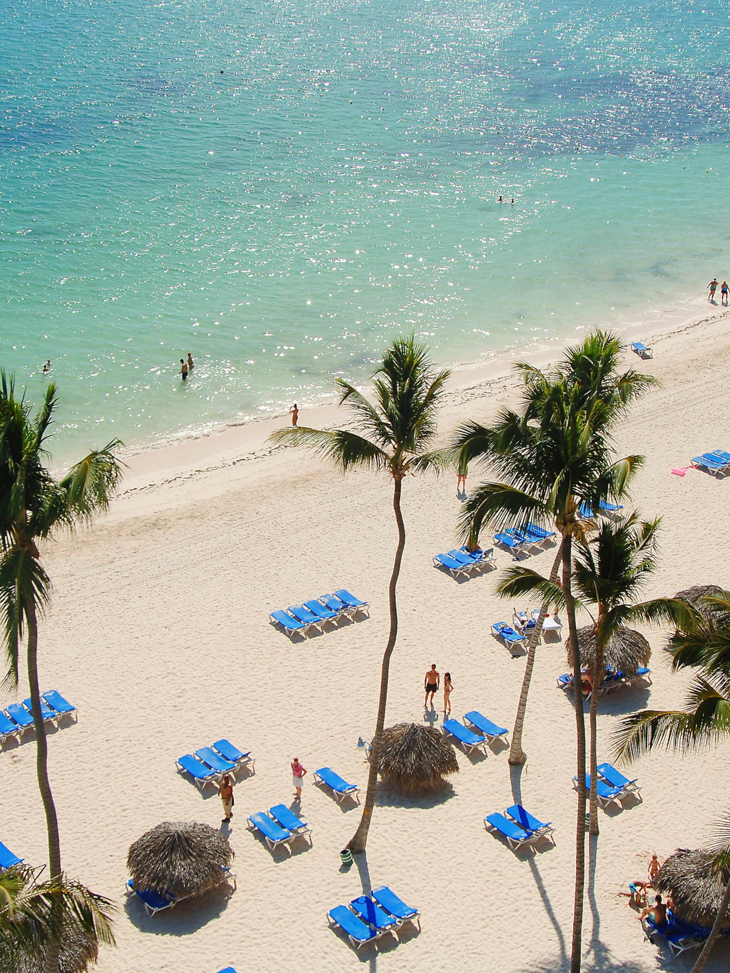 Playa tropical con arena blanca, mar turquesa, palmeras y tumbonas azules.