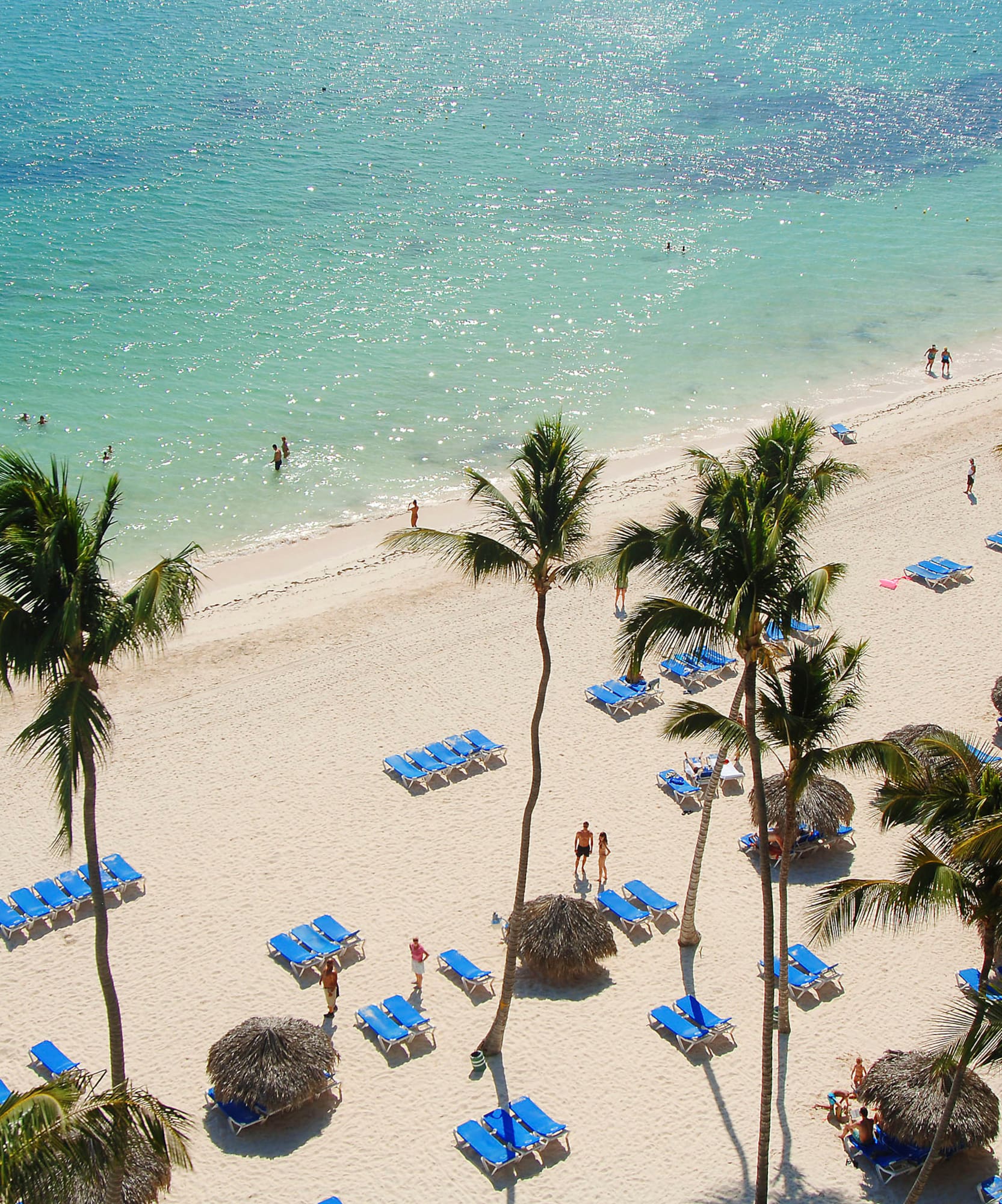 Playa tropical con arena blanca, mar turquesa, palmeras y tumbonas azules.