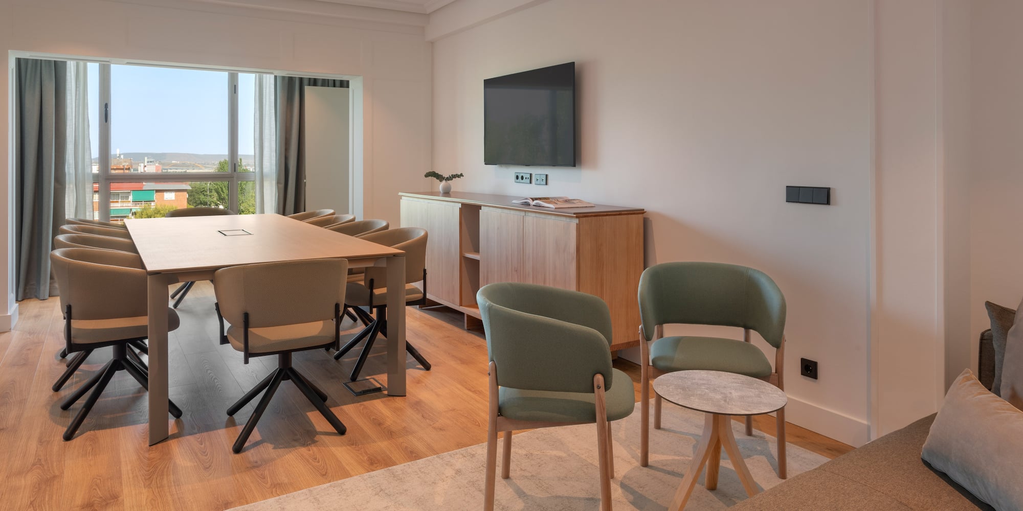 a room with a table and chairs