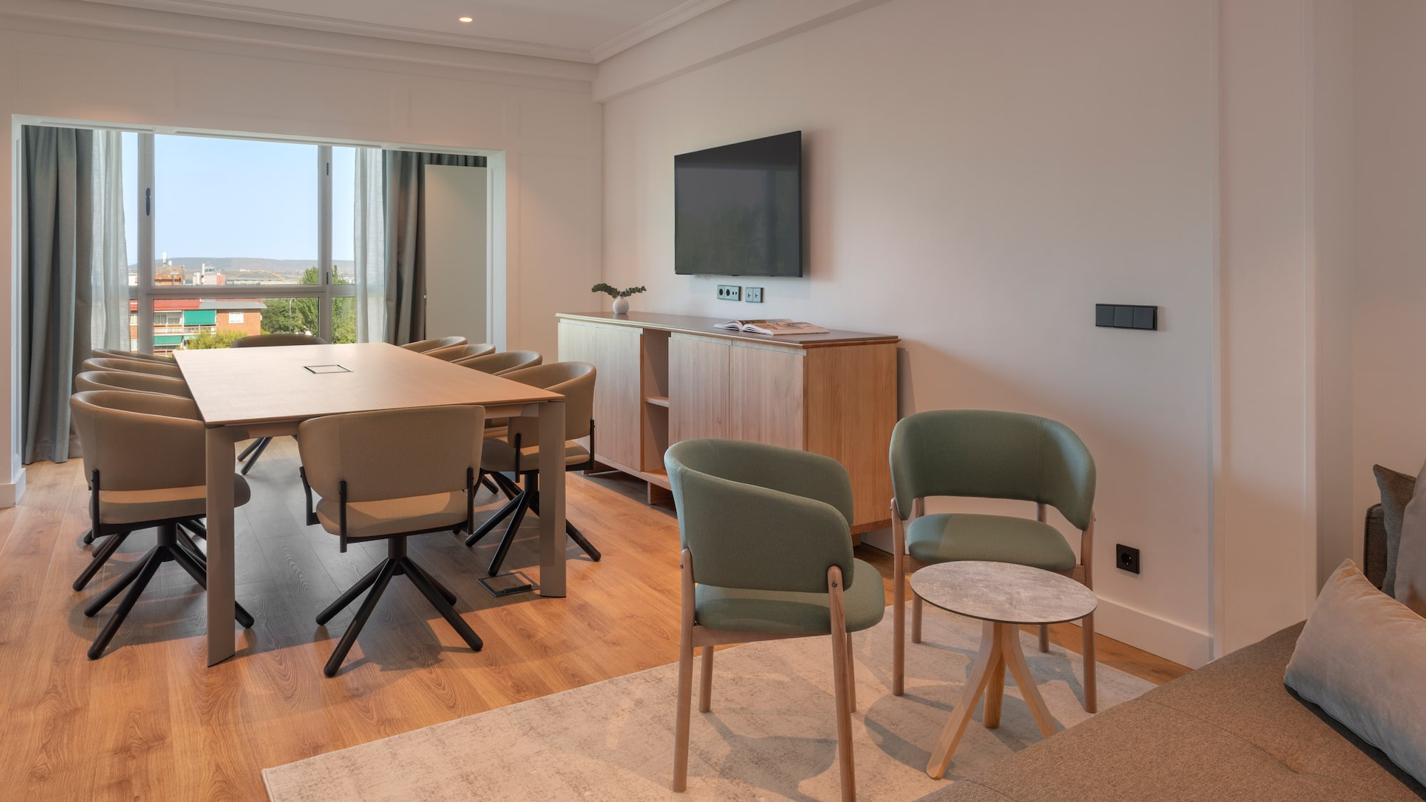 a room with a table and chairs