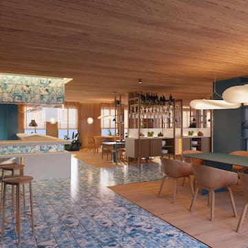 a room with a bar and a counter