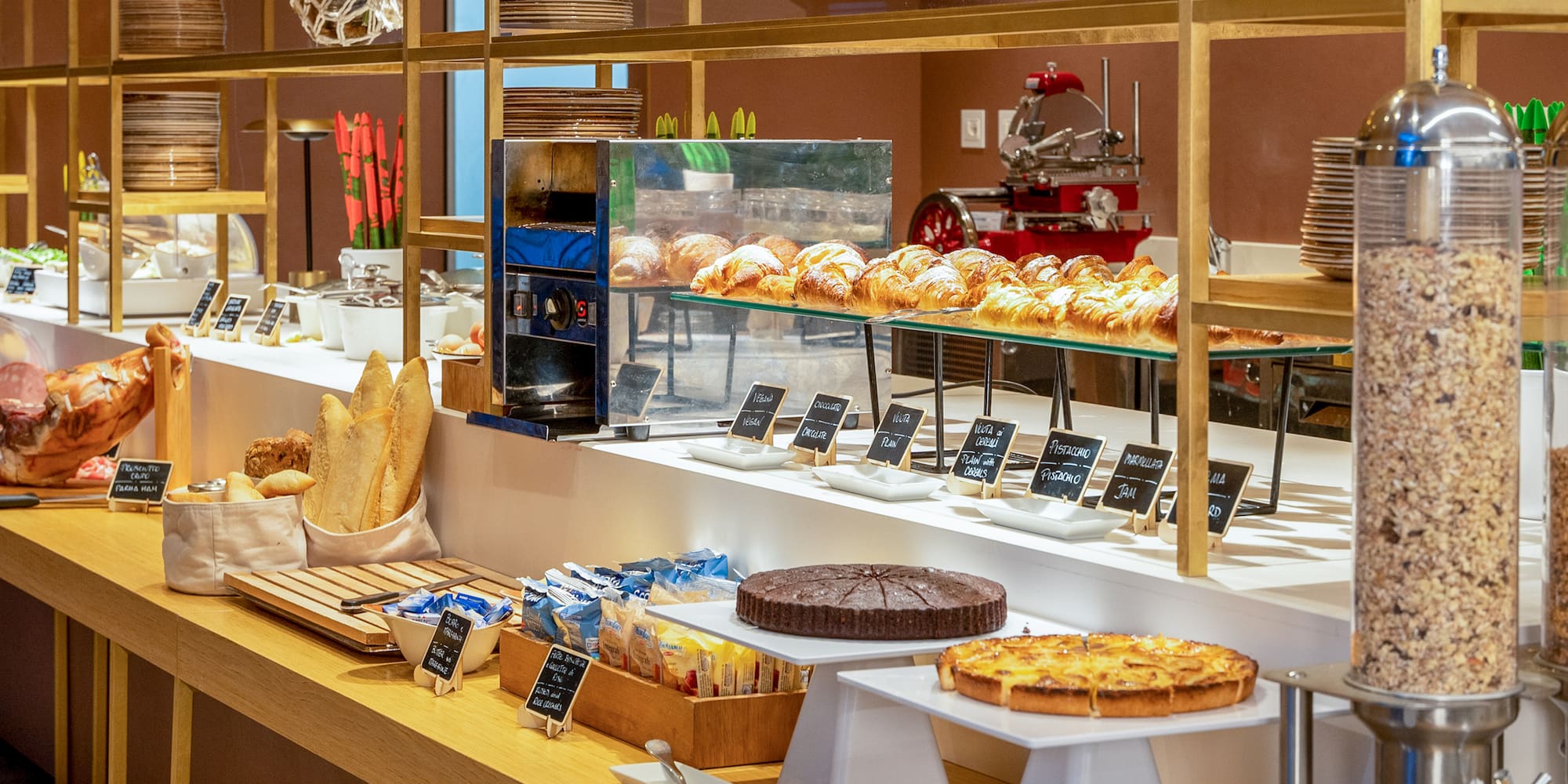 a display of pastries and breads