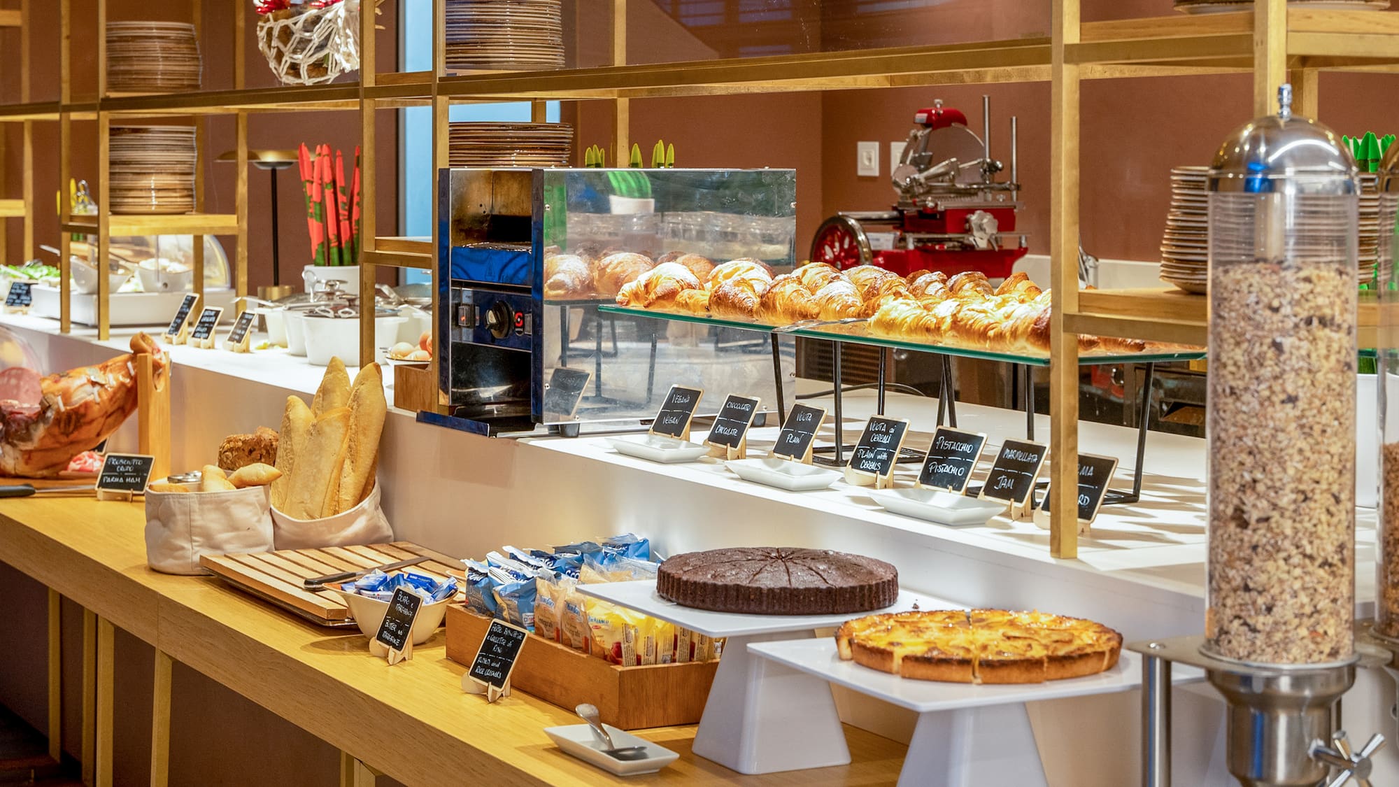 a display of pastries and breads