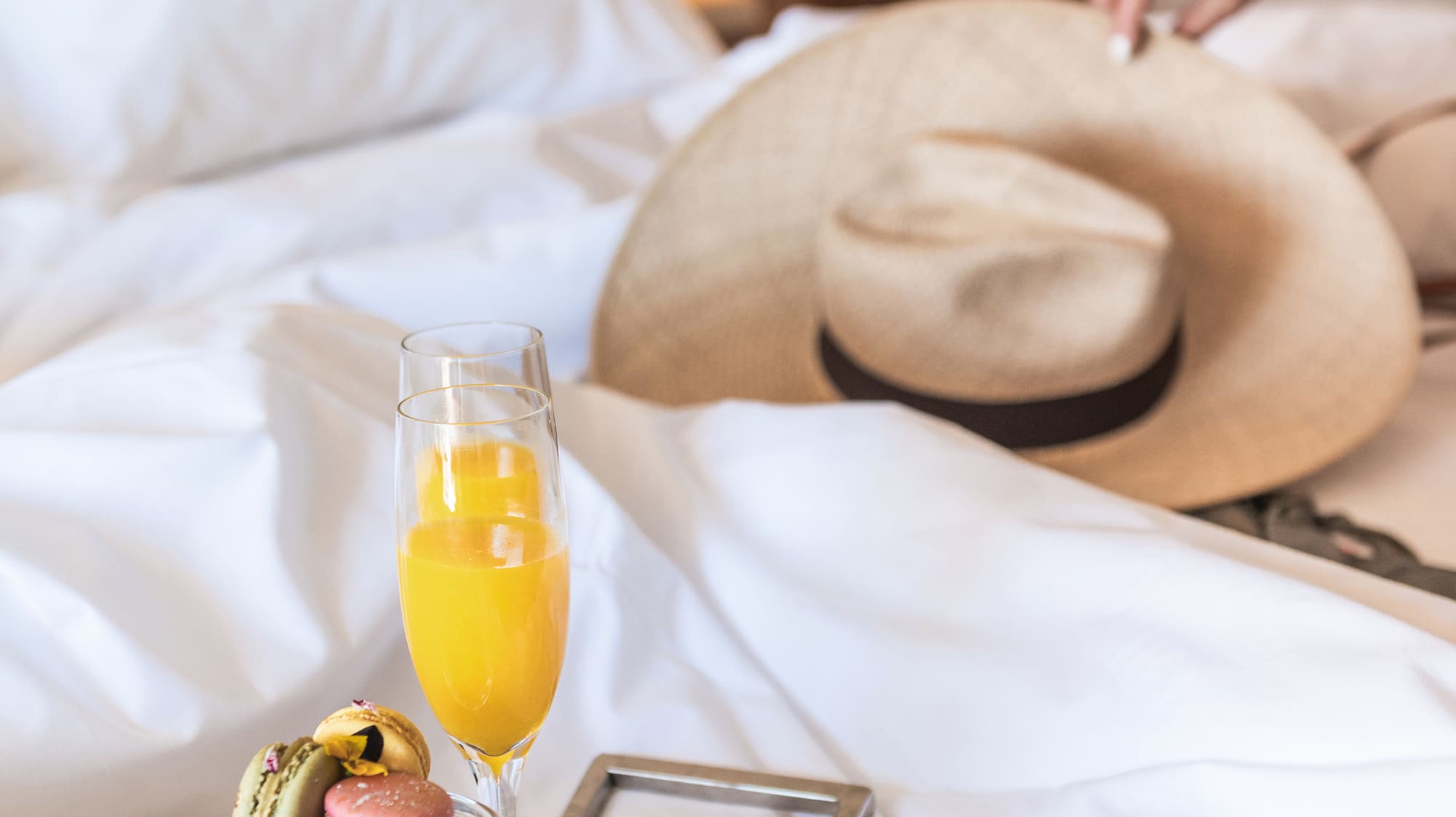 a tray with food on it and a hat on it