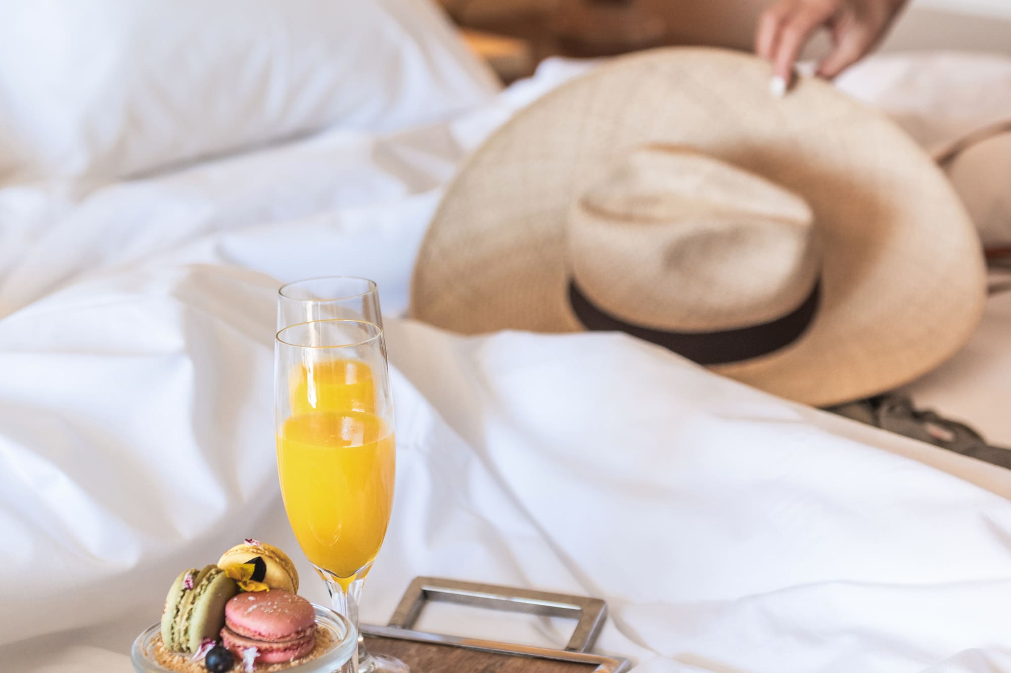 a tray with food on it and a hat on it
