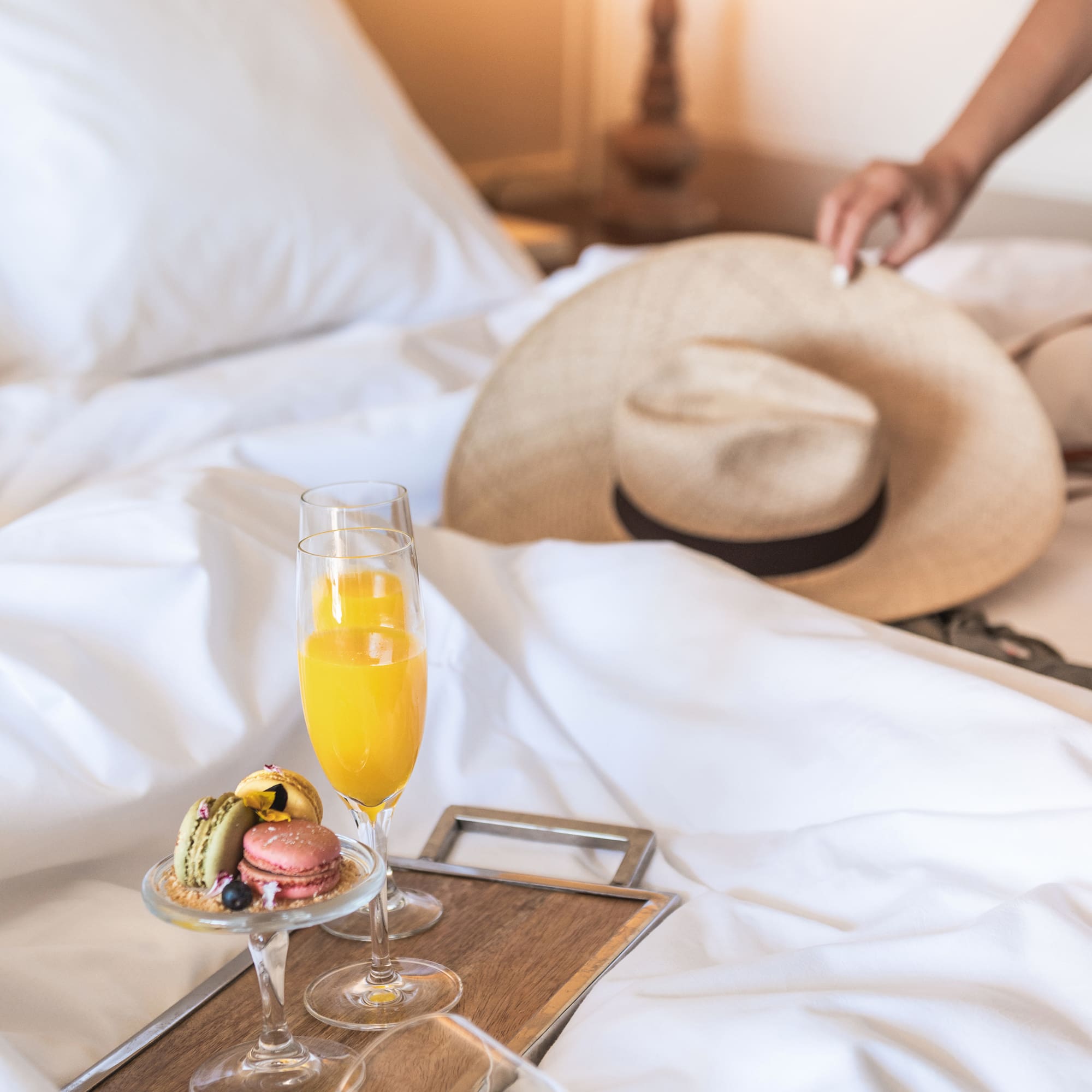 a tray with food on it and a hat on it