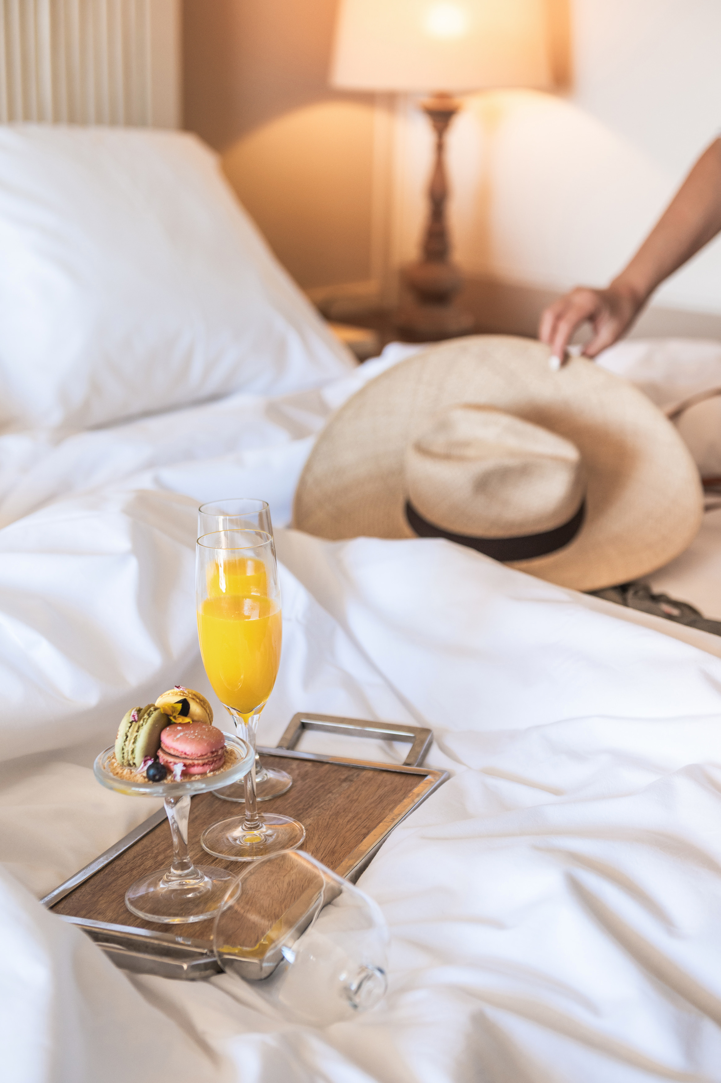 a tray with food on it and a hat on it
