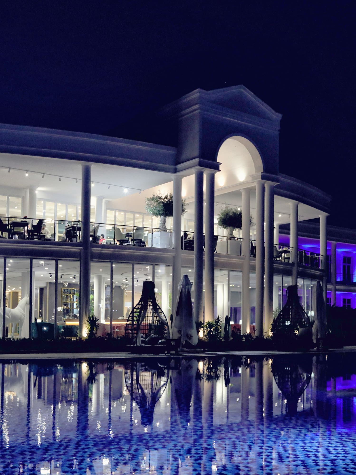 a building with purple lights