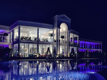 a building with purple lights