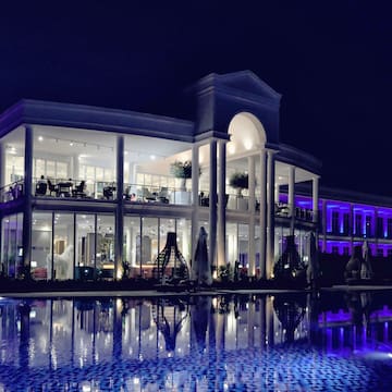 a building with purple lights