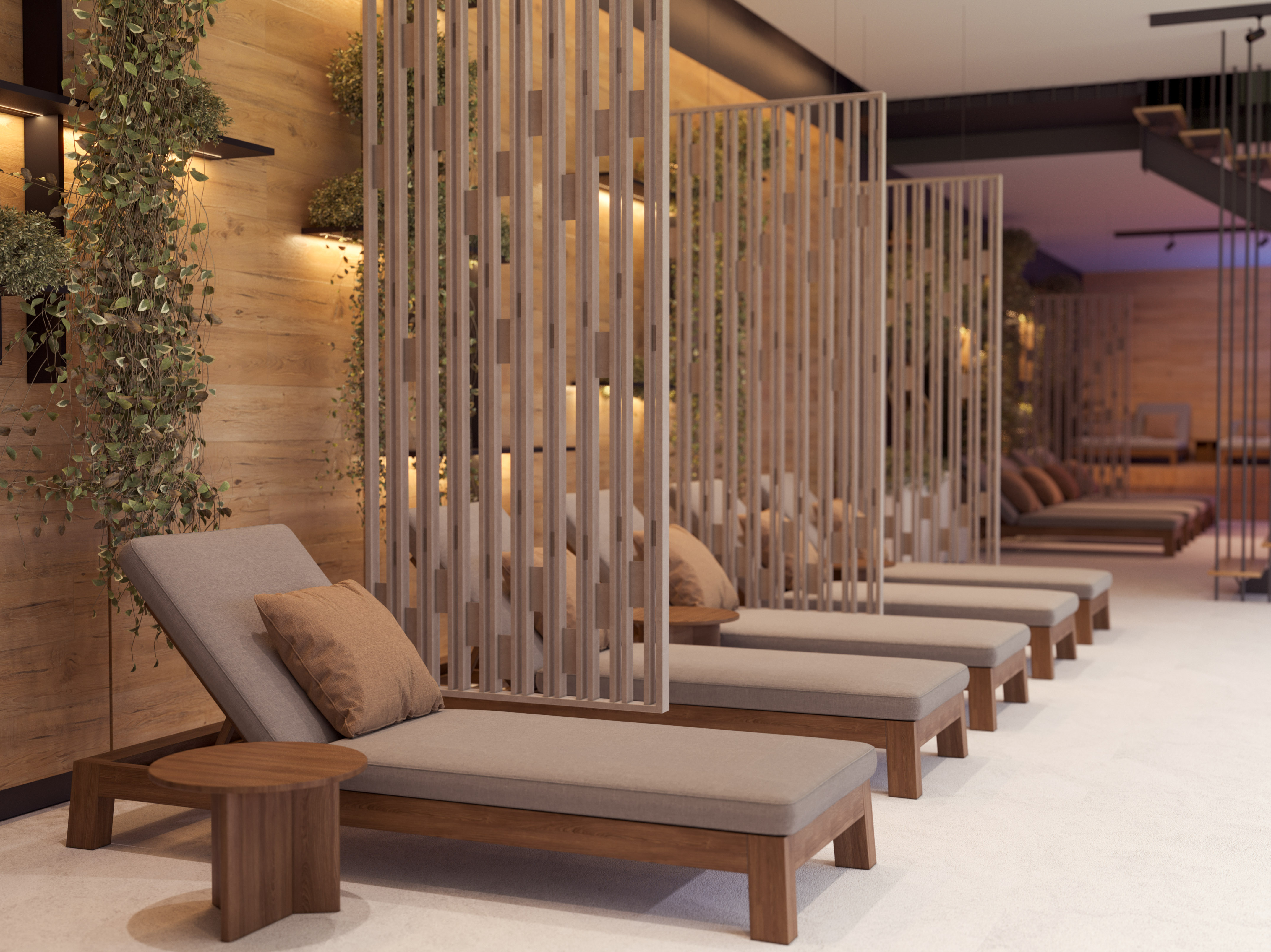 a row of lounge chairs in a room