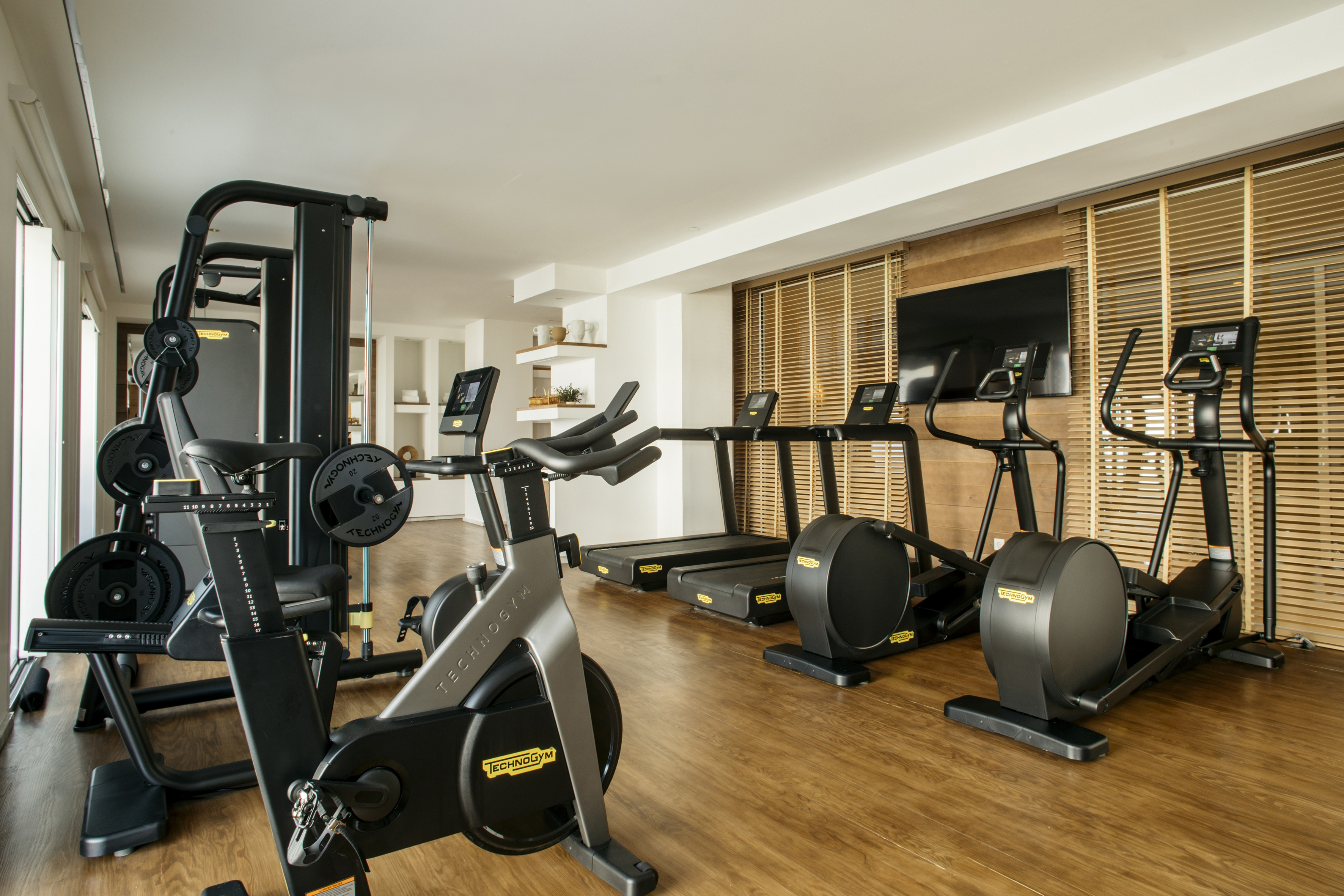 Modern gym with Technogym spin bike, treadmills, ellipticals, and weight machine.